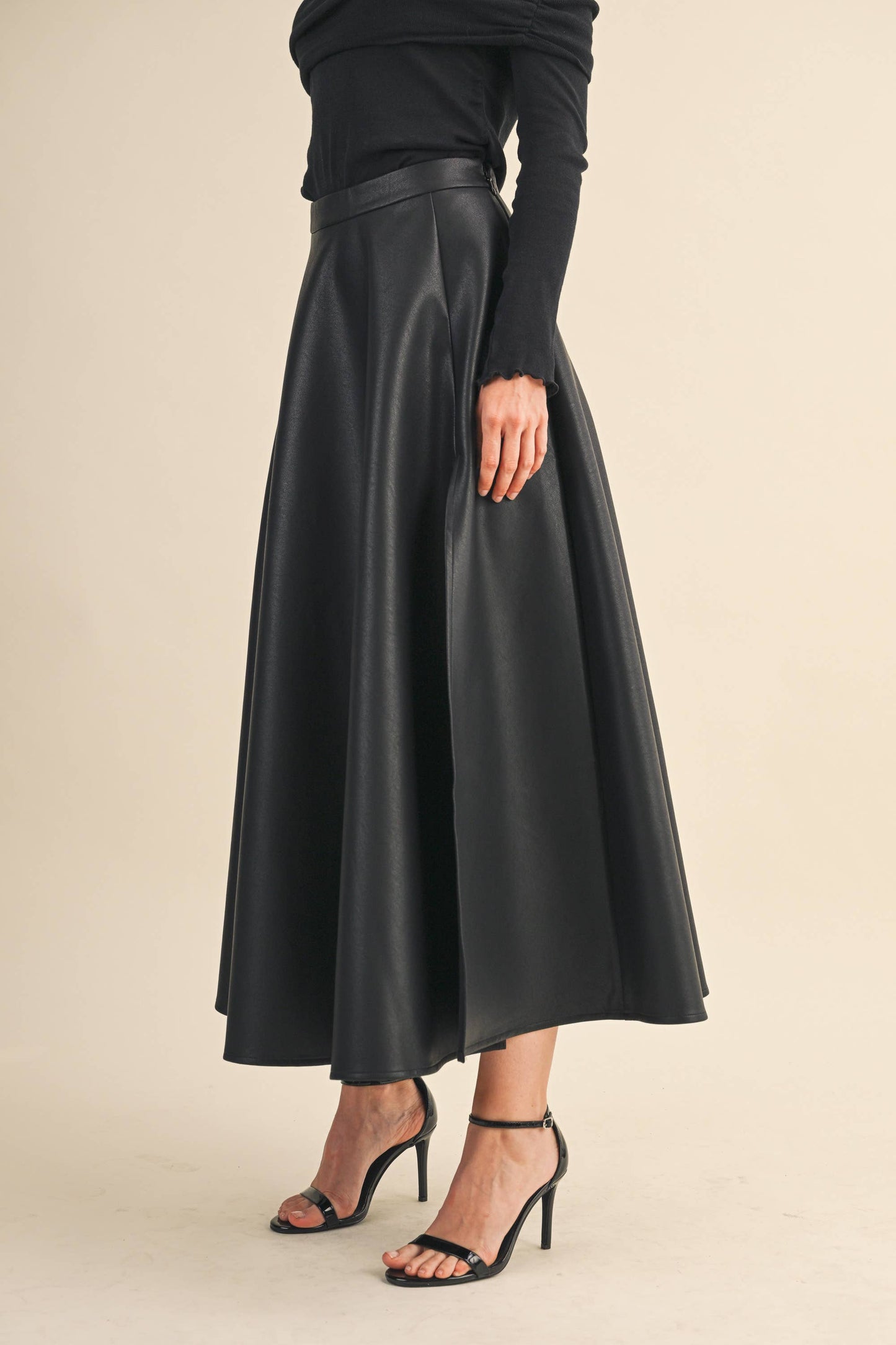 LEATHER A-LINE MAXI SKIRT WITH HIGH SLIT: Black