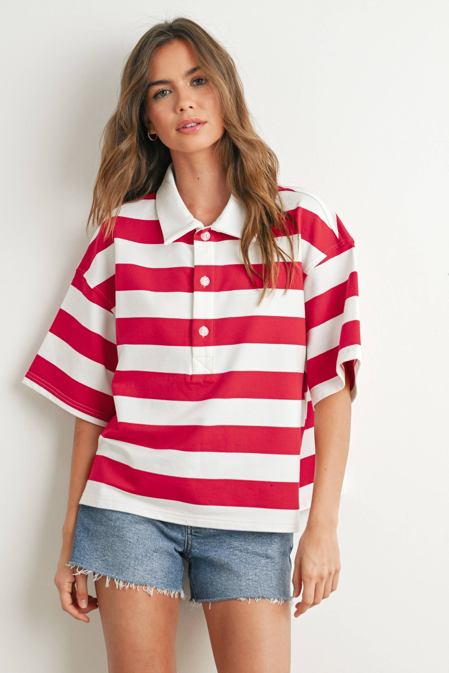 Striped Oversized Polo Shirt: IVORY / RED