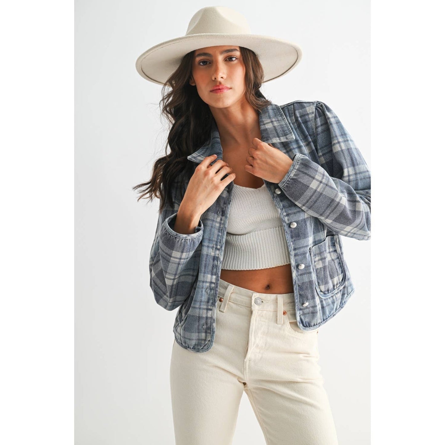 PLAID DENIM JACKET: MEDIUM DENIM WASH PLAID / S-M-L(3-2-1)