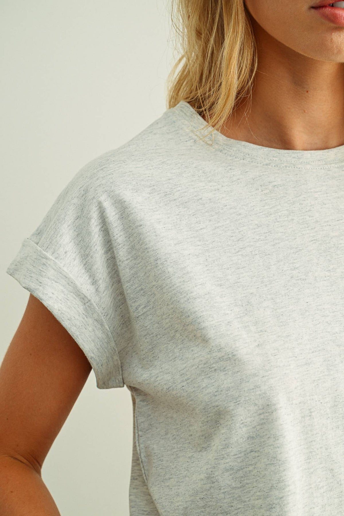 ROUND NECK CUFFED SLEEVE TOP: HEATHER GREY