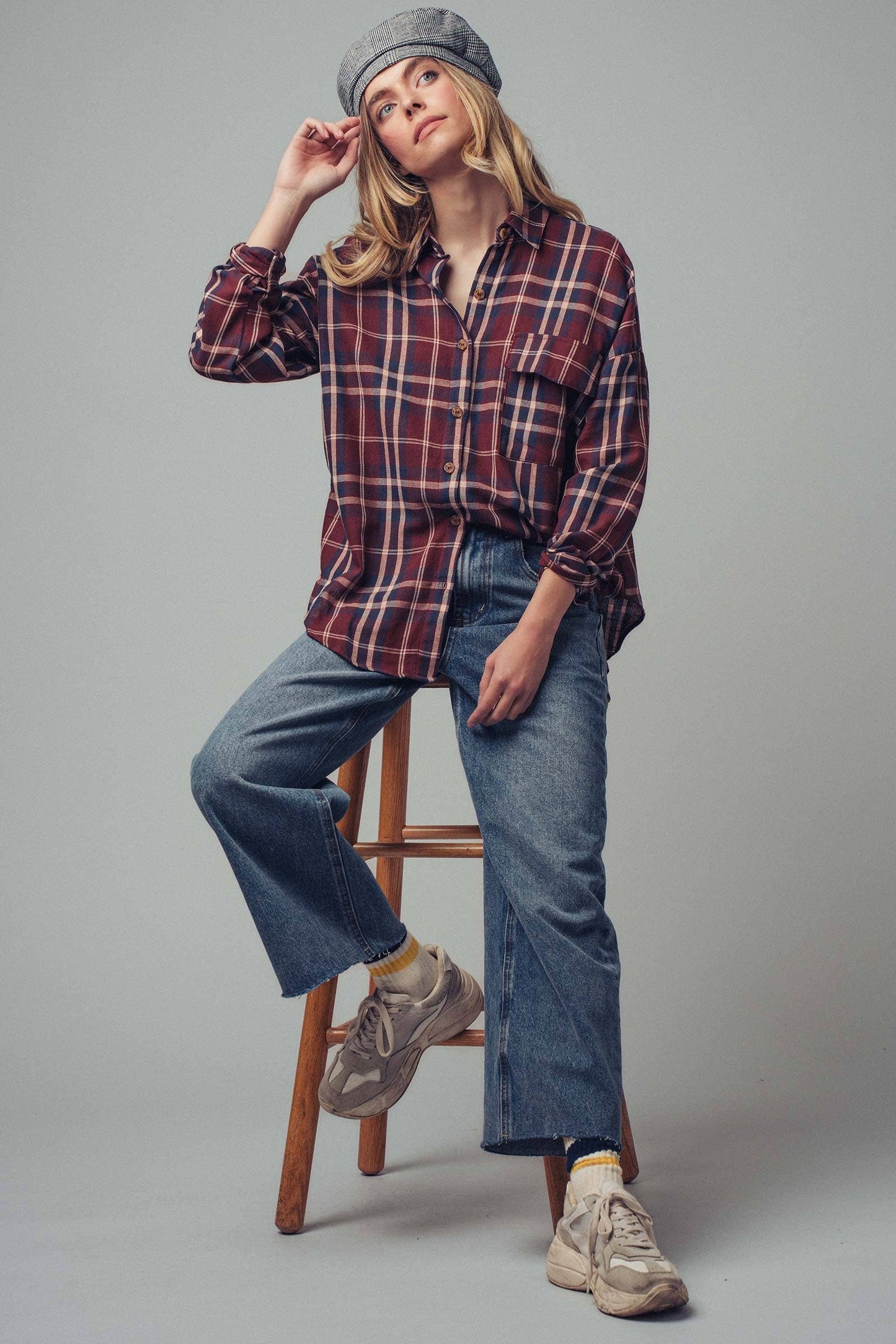 Classic Plaid Cotton Flannel Boyfriend Shirt: BURGUNDY MULTI