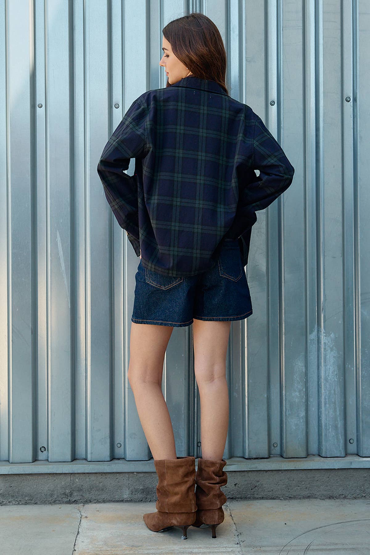 Navy Plaid Button Front Pocket Jacket: NAVY GREEN PLAID