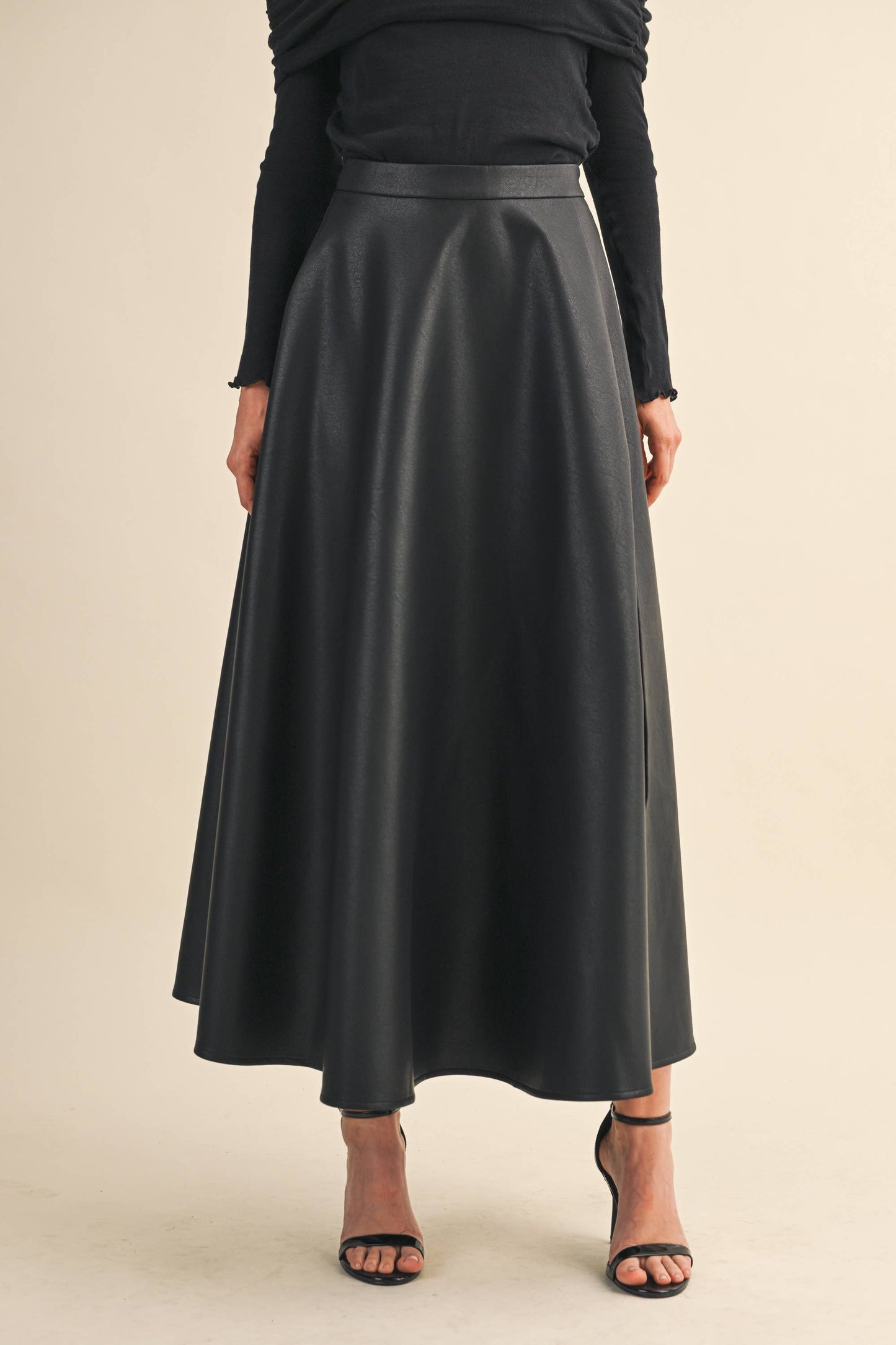 LEATHER A-LINE MAXI SKIRT WITH HIGH SLIT: Black