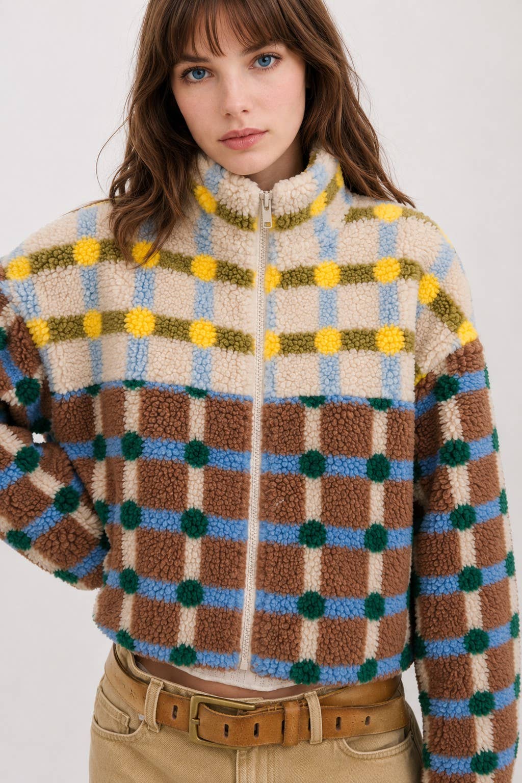 MIXED PLAID COLOR BLOCK SHERPA ZIP-UP JACKET: BROWN/CREAM