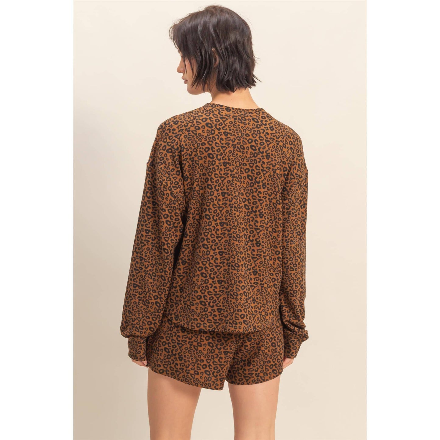 Leopard Print Henley Top & Shorts Set: BROWN