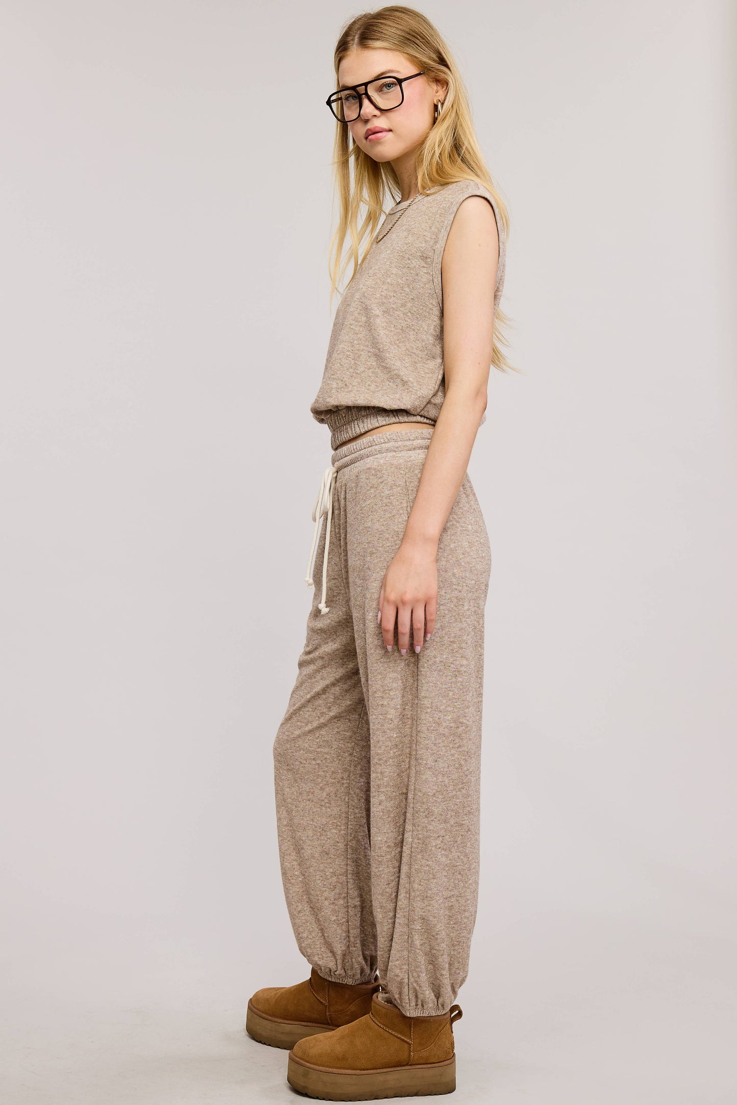 Terry Knit Tank and Jogger Sweatpants Matching Set : Toffee
