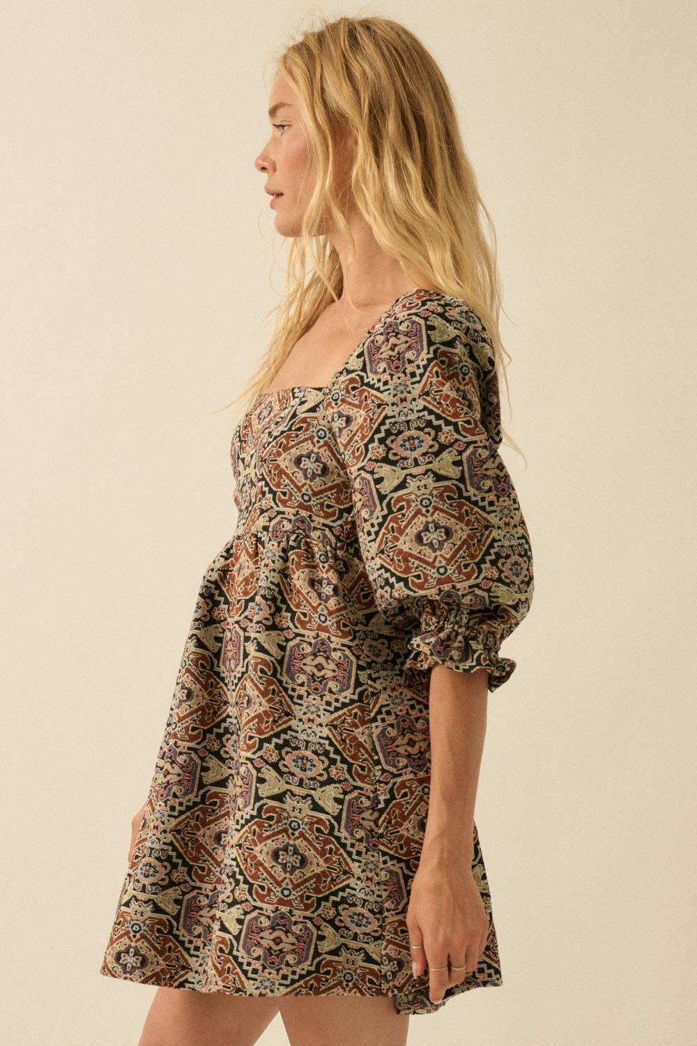 Ornate Jacquard Tapestry Babydoll Mini Dress: Black