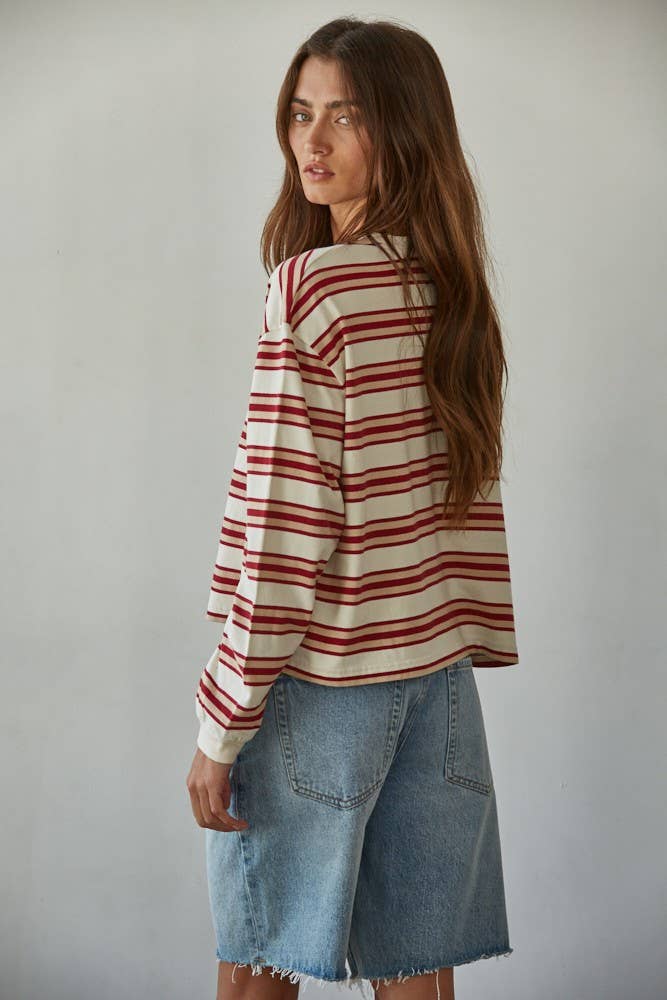 Knit Cotton Stripe Crew Neck: Taupe Red