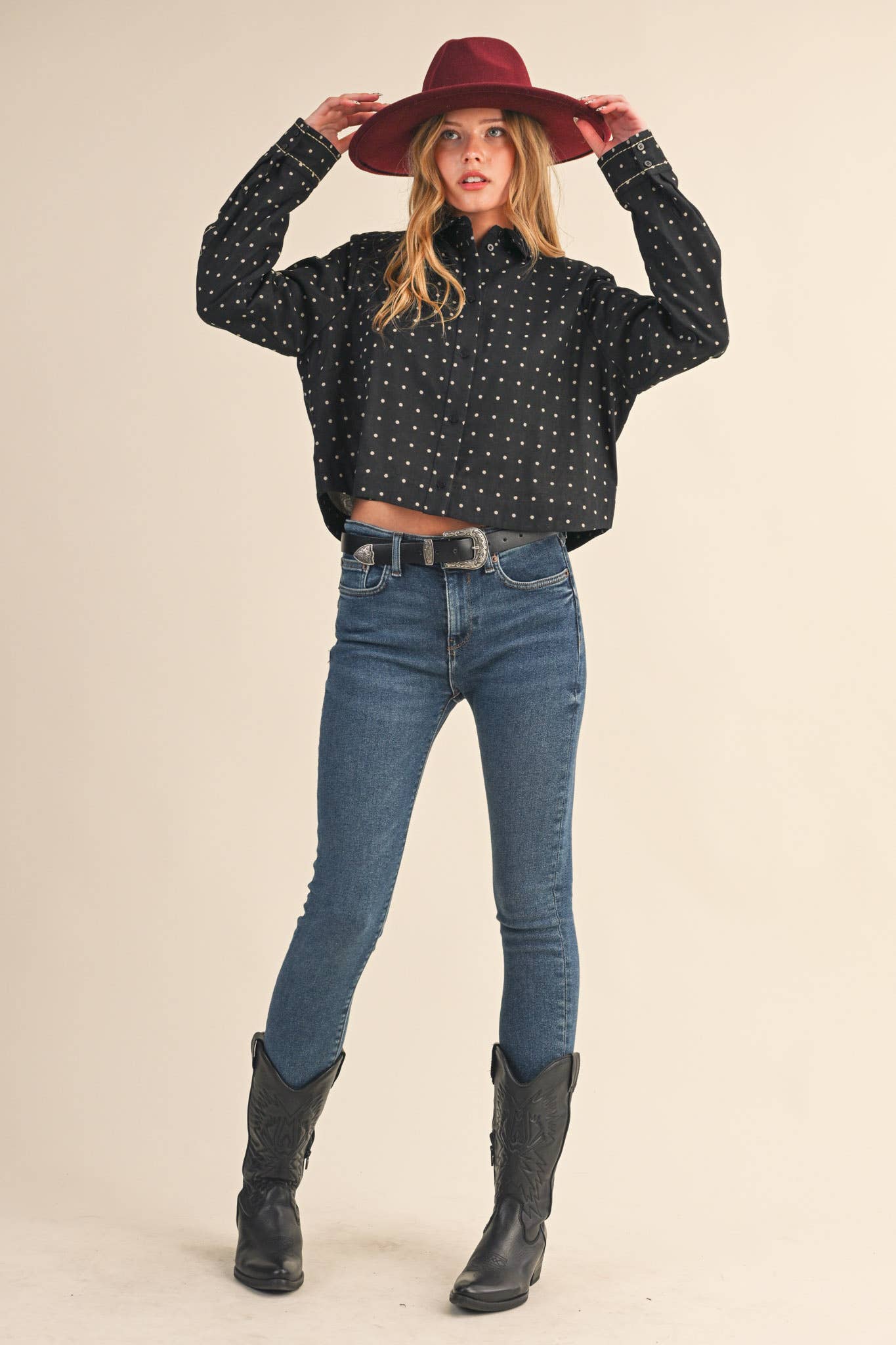 POLKA DOT FLORAL EMBROIDERY BUTTON UP: Black