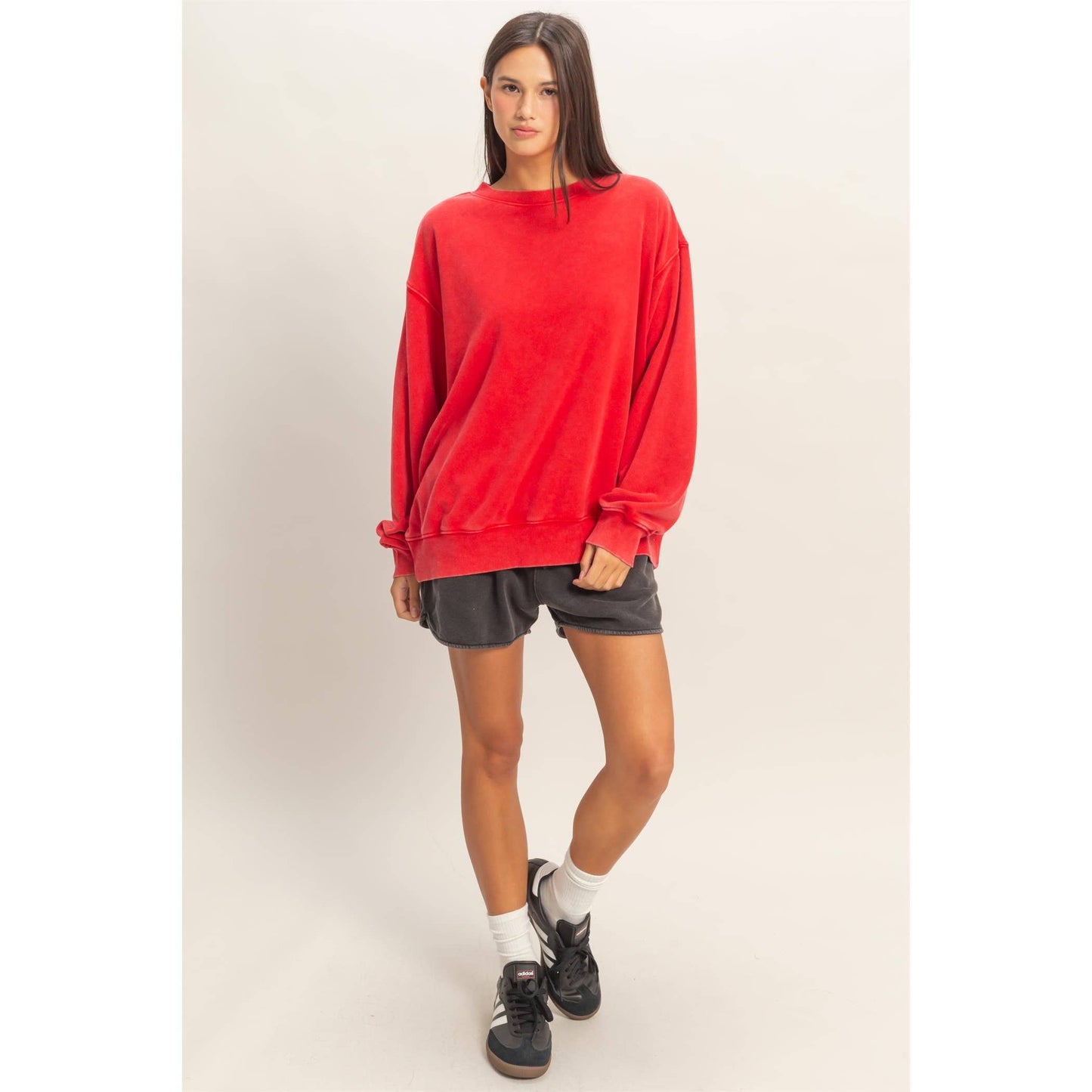 Mineral Washed Crew Neck Sweatshirt: RED