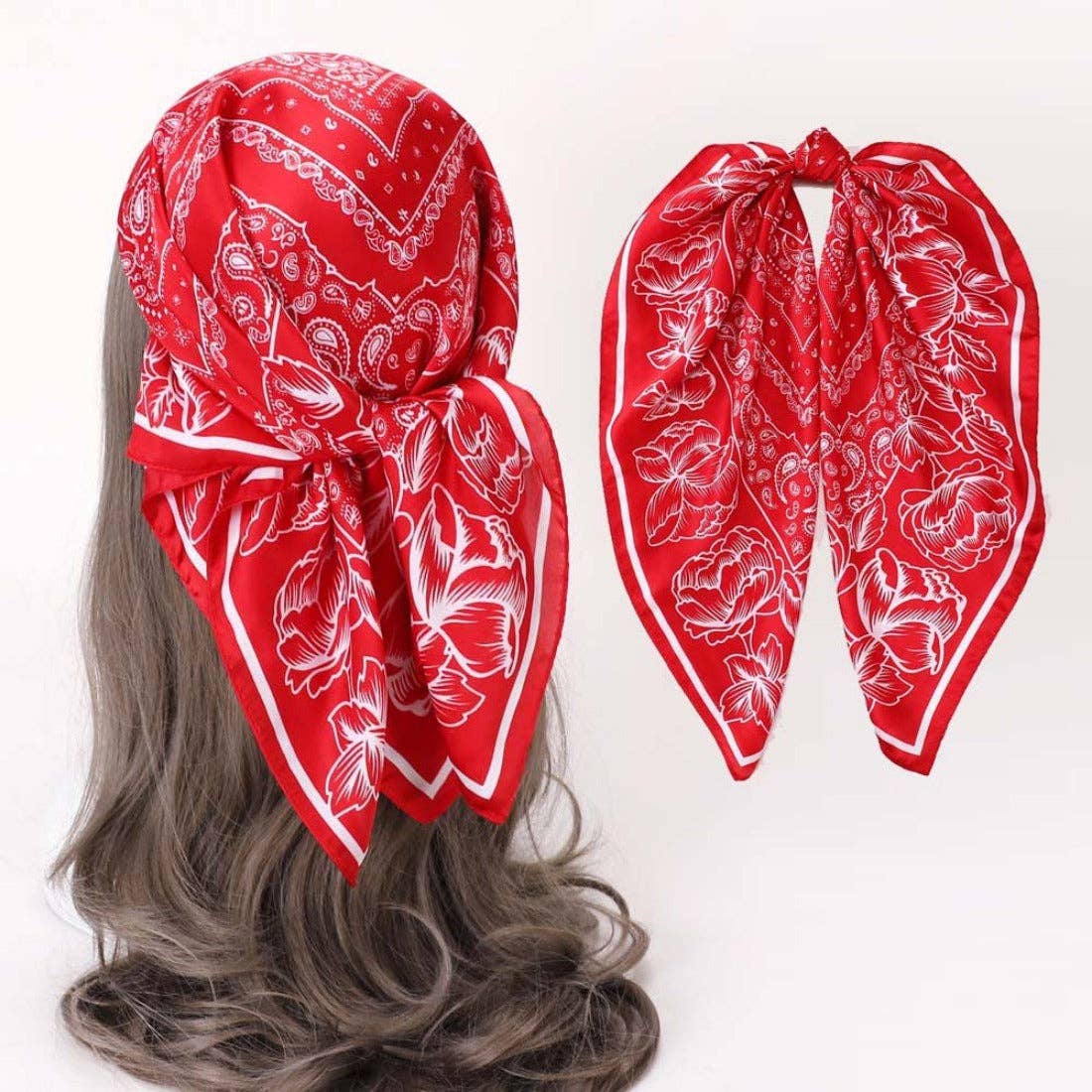 Bright Floral Square Scarf: RED