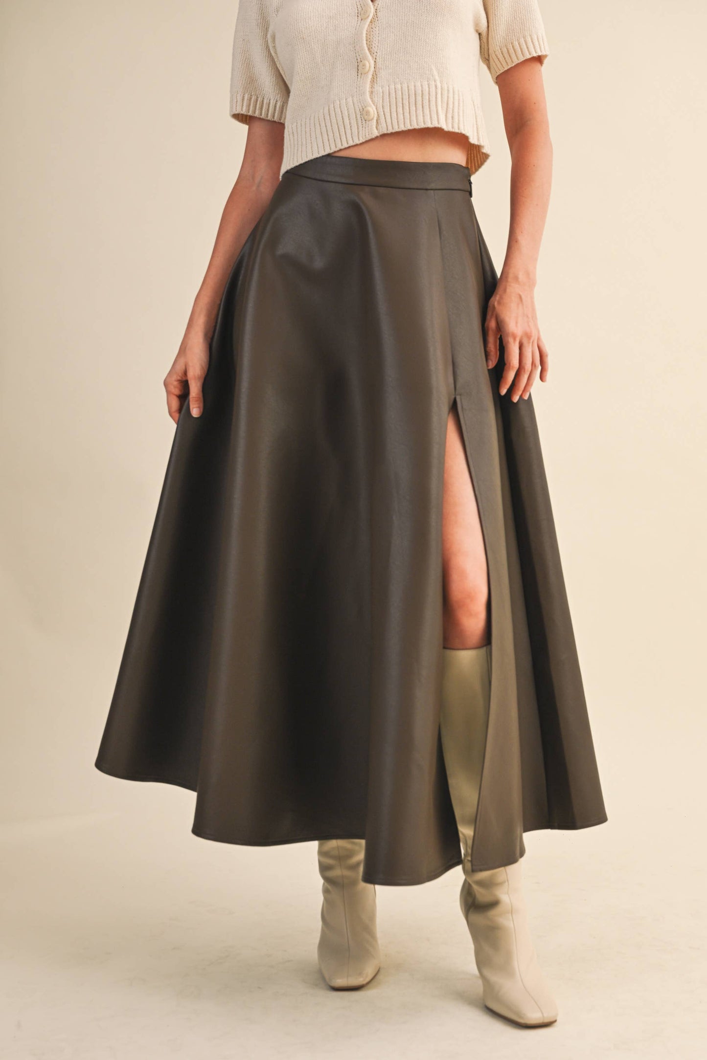 LEATHER A-LINE MAXI SKIRT WITH HIGH SLIT: Black