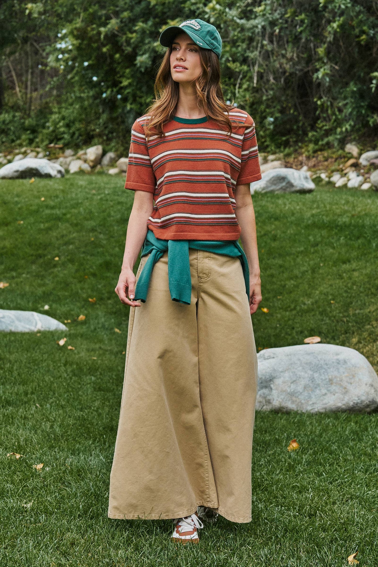 Striped Knit Ringer Tee With Crew Neck: Rust
