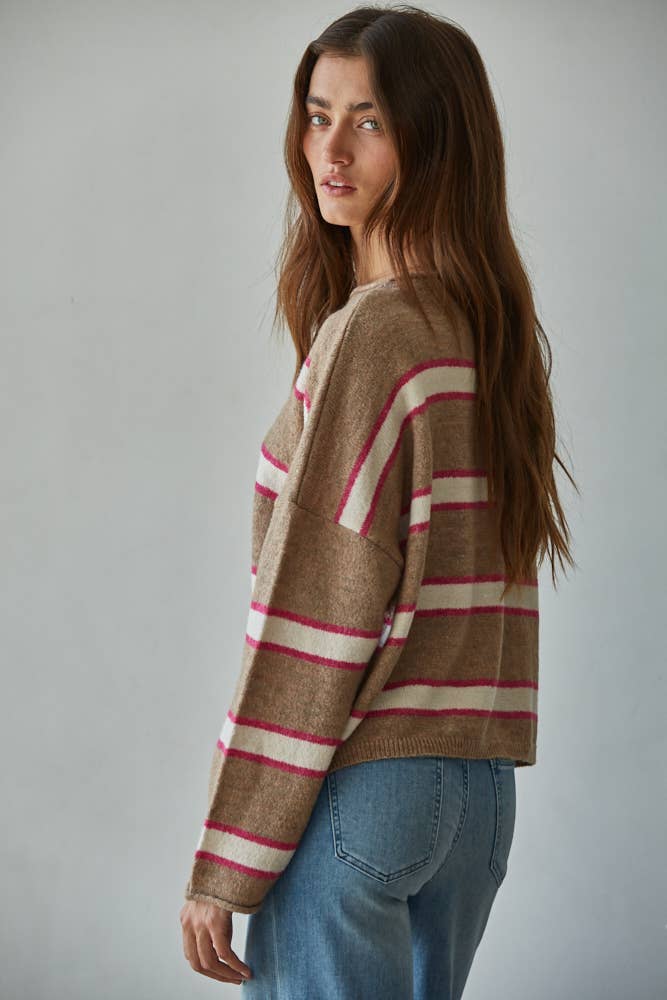 W2115 | Knit Sweater Polyester Acrylic Wool Spandex Striped : Mocha Multi