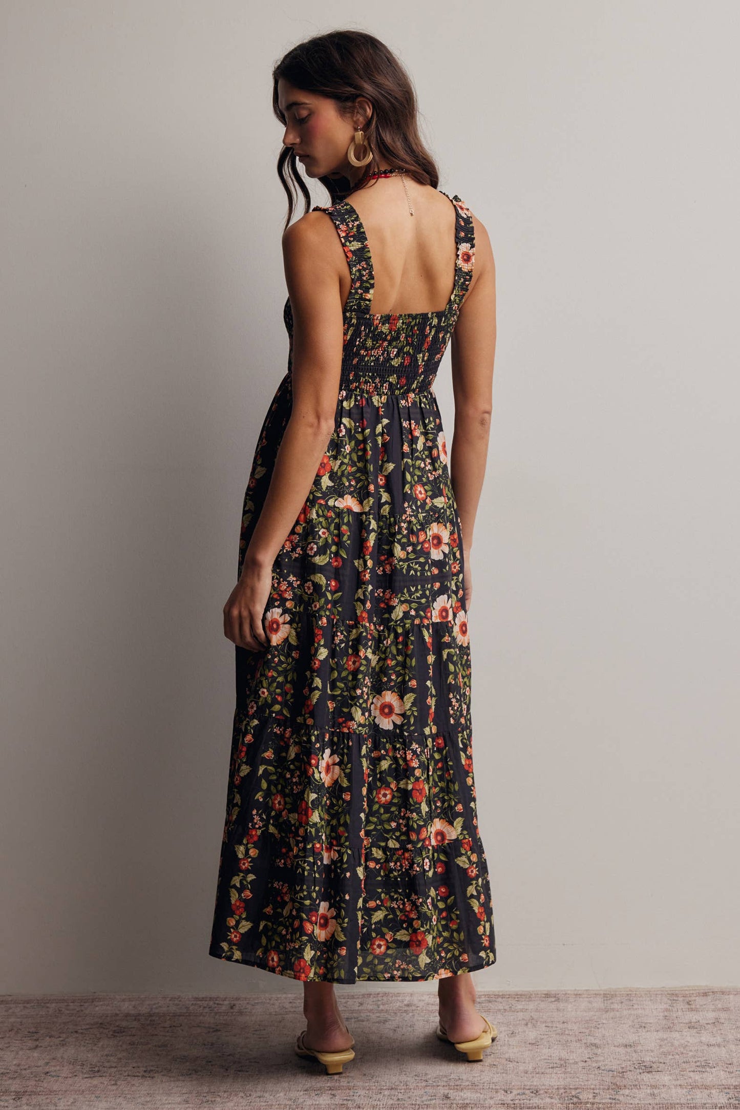Floral Smocked Tiered Midi Dress: Black