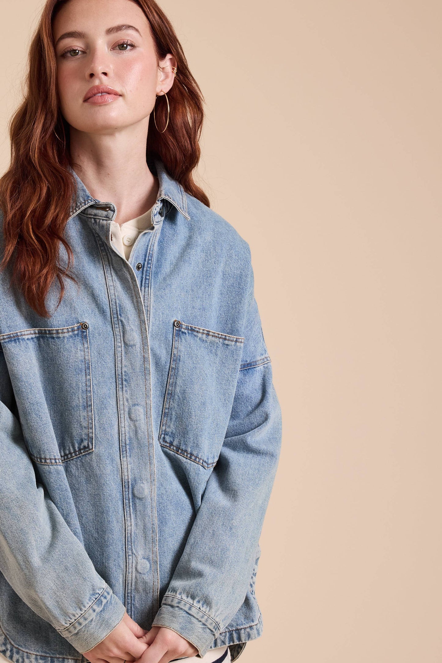 WASHED SNAP BUTTON DENIM SHACKET: DENIM