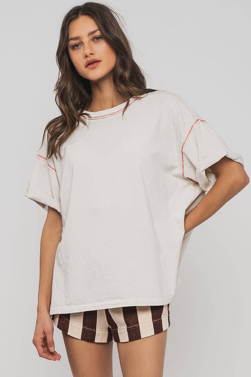 Contrast Stitch Mineral Wash Oversized Tee: CHALK
