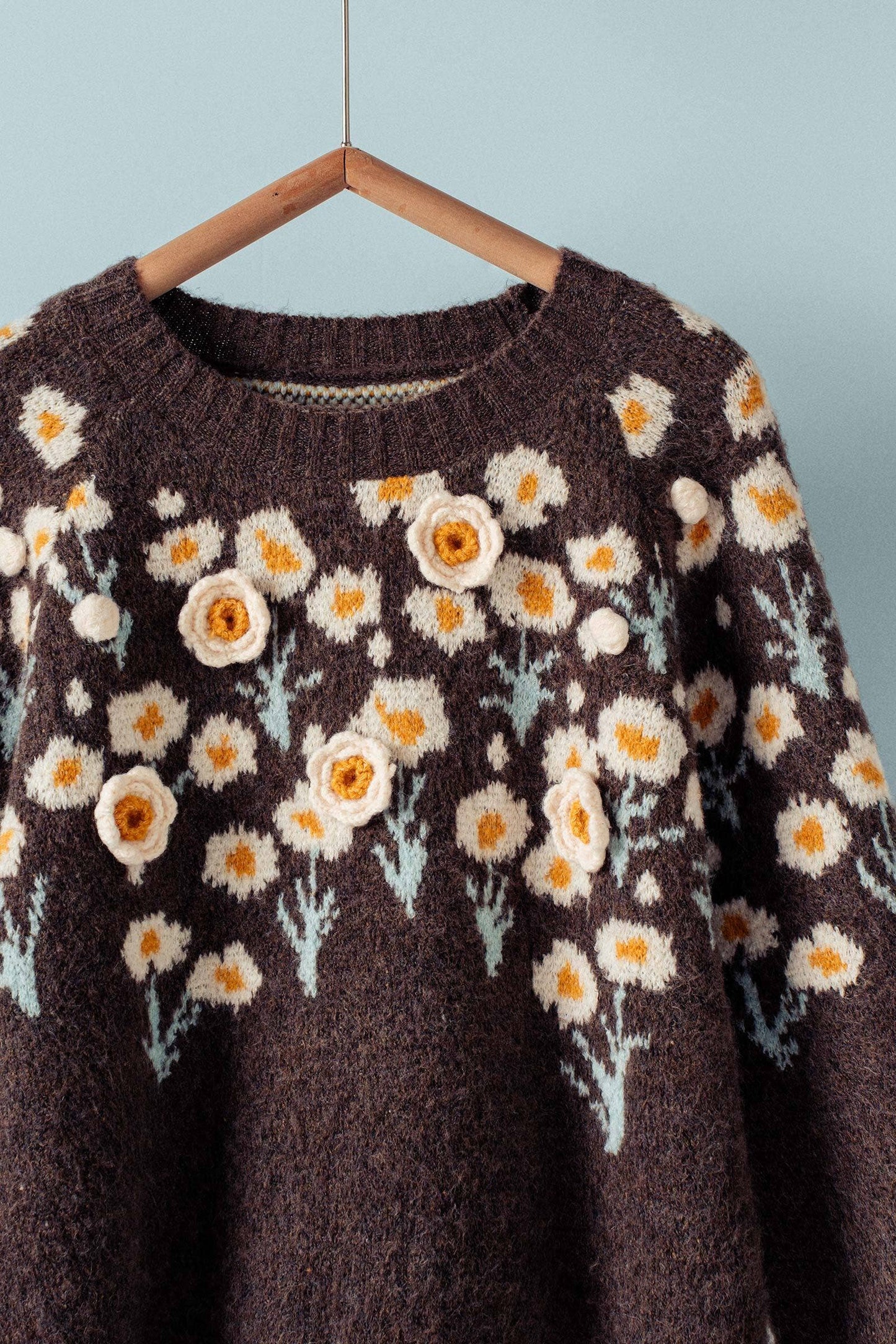 Daisy Embossed Floral Knit Sweater: Brown