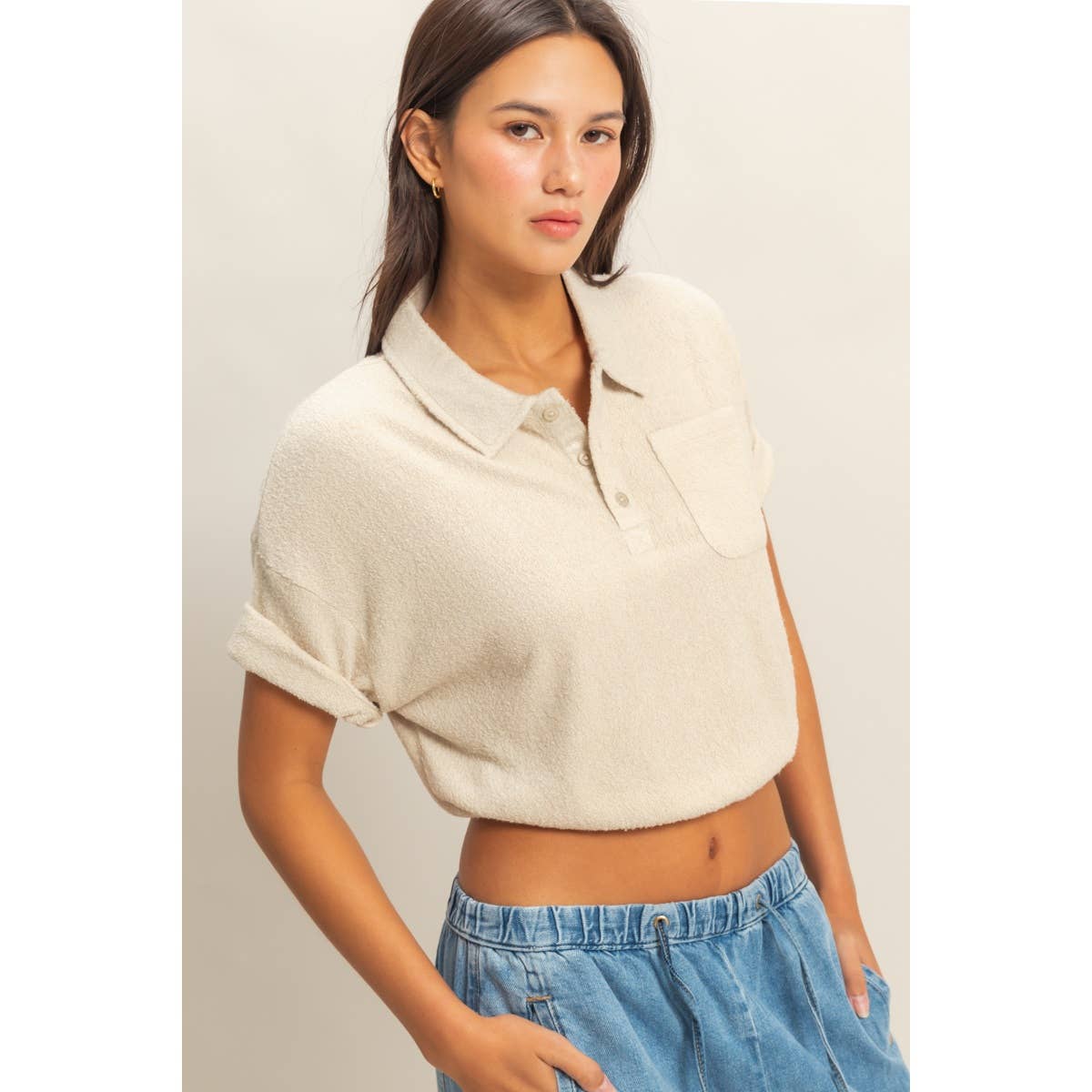 Collared Short Sleeve Crop Top: FRENCH VANILLA