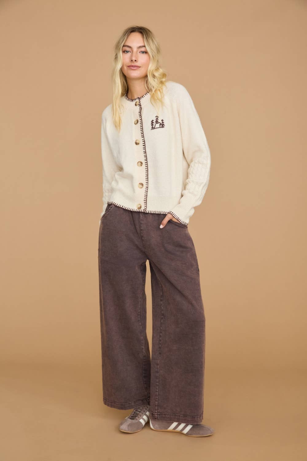Washed Pull On Wide Leg Pants: CHOCOLATE
