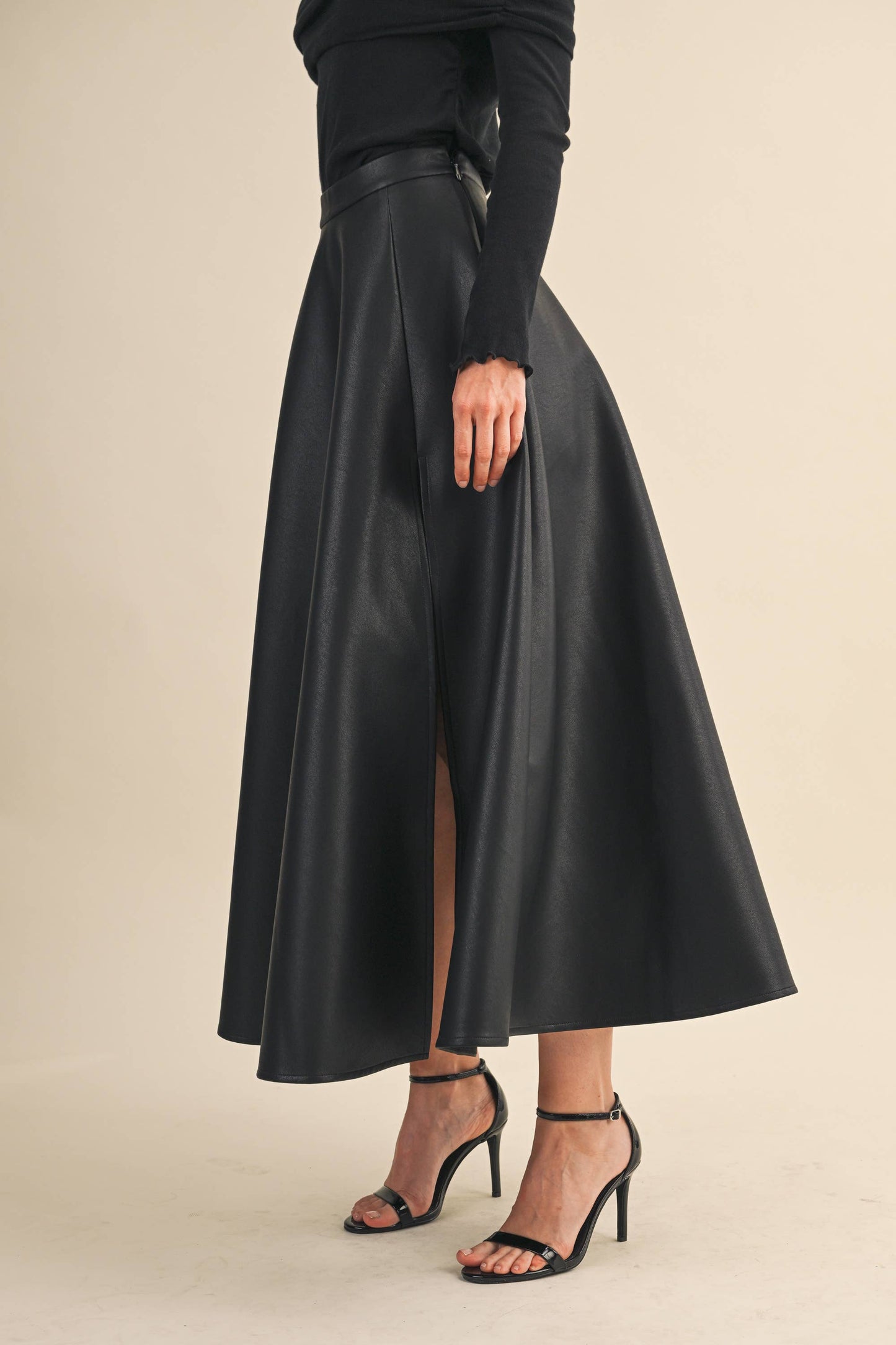 LEATHER A-LINE MAXI SKIRT WITH HIGH SLIT: Black