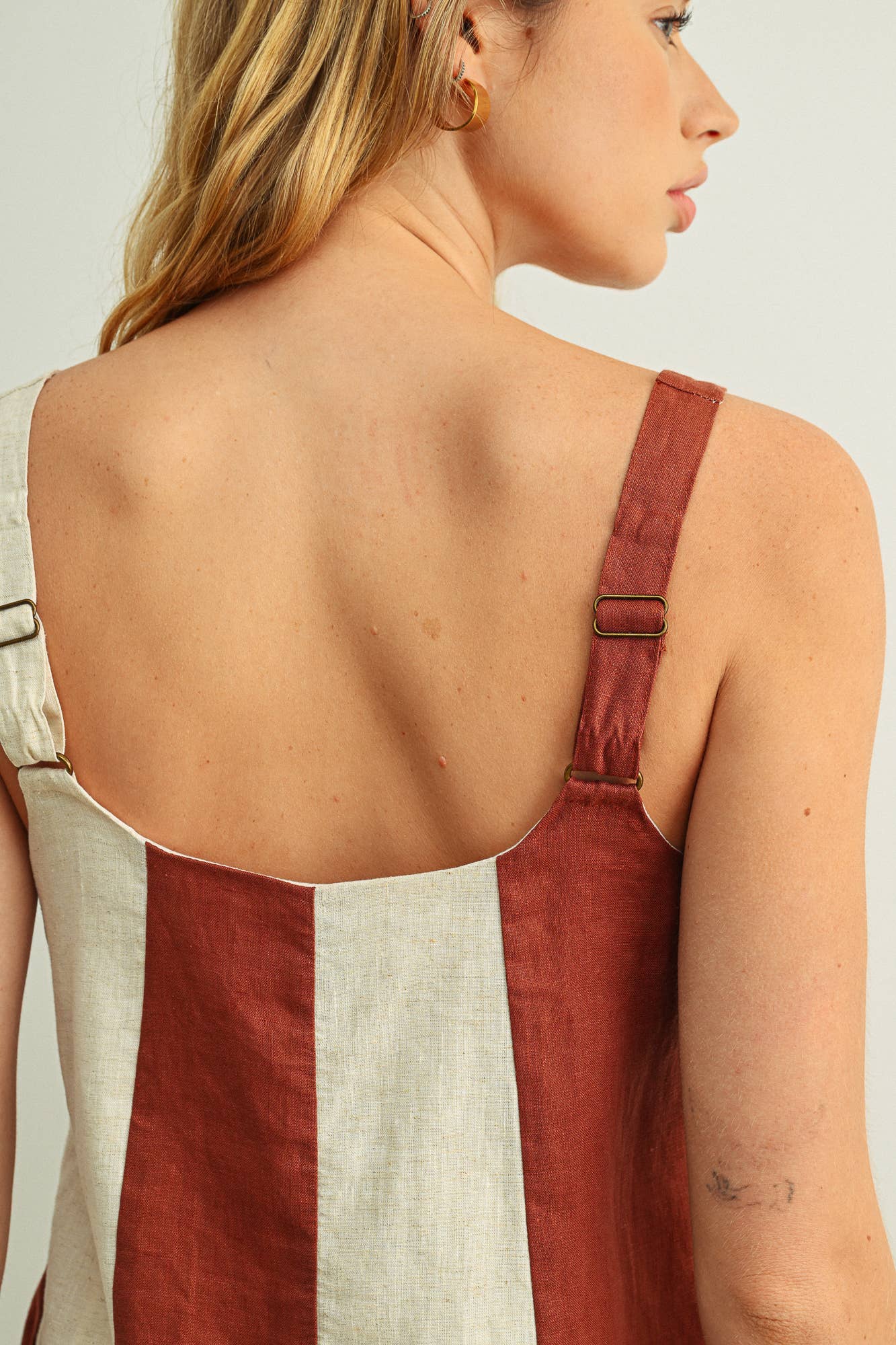 COLOR BLOCK LINEN MINI DRESS: ROSE CLAY/OATMEAL