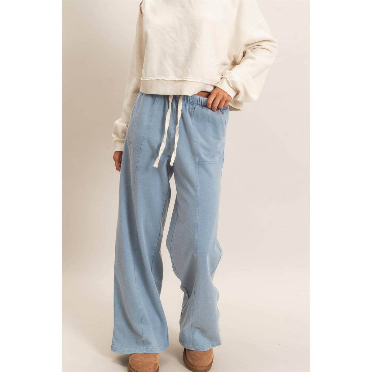 Acid Wash Drawstring Waist Wide Leg Pants: DUSTY BLUE