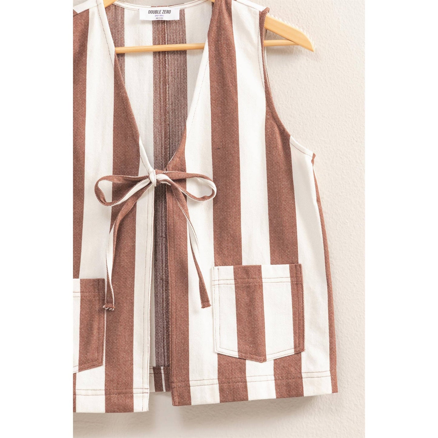 Striped Front Bow Tie Sleeveless Vest: BROWN/CREAM