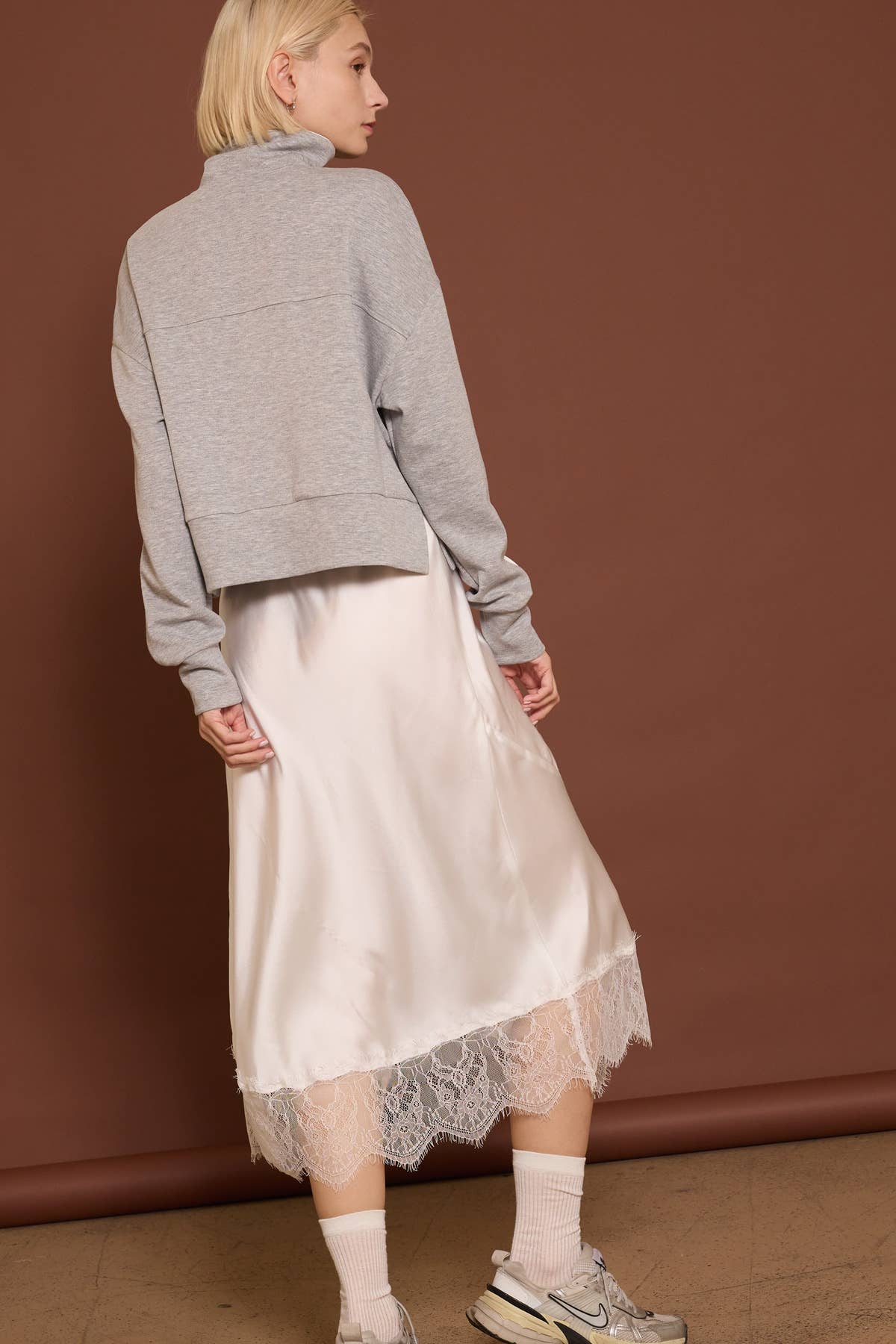 Lace Trim Satin effect Comfy Slit Midi Skirt: Pearl