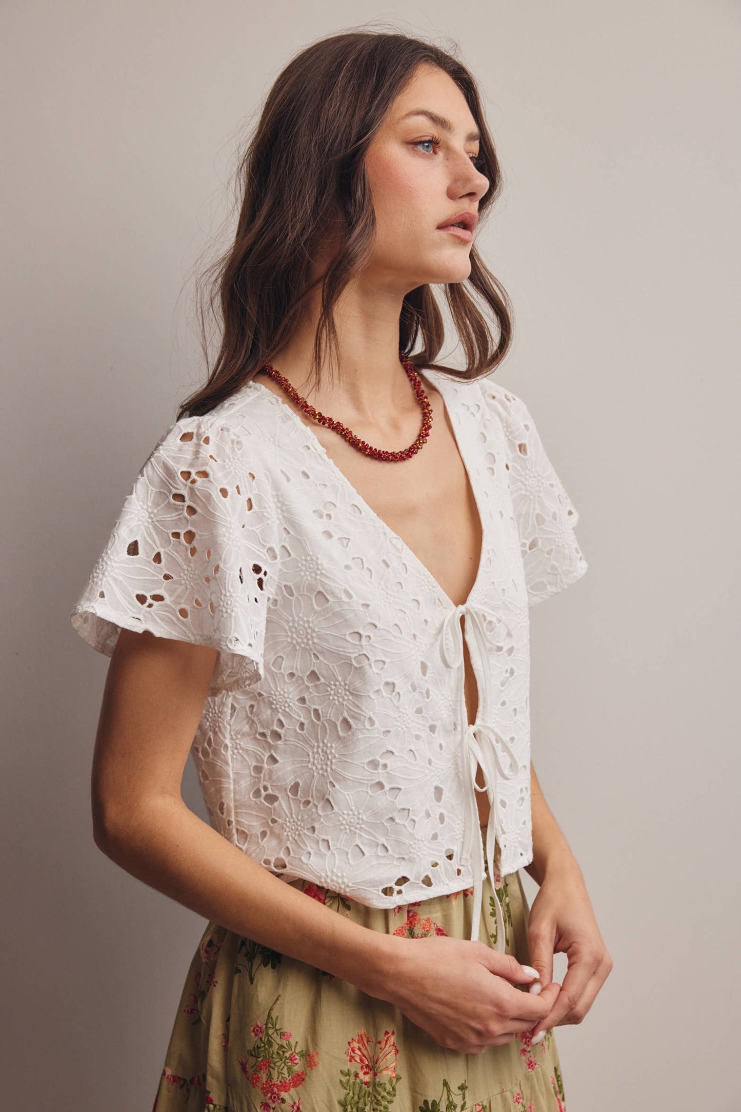 Eyelet Tie-Front Lined Cotton Top: Ivory