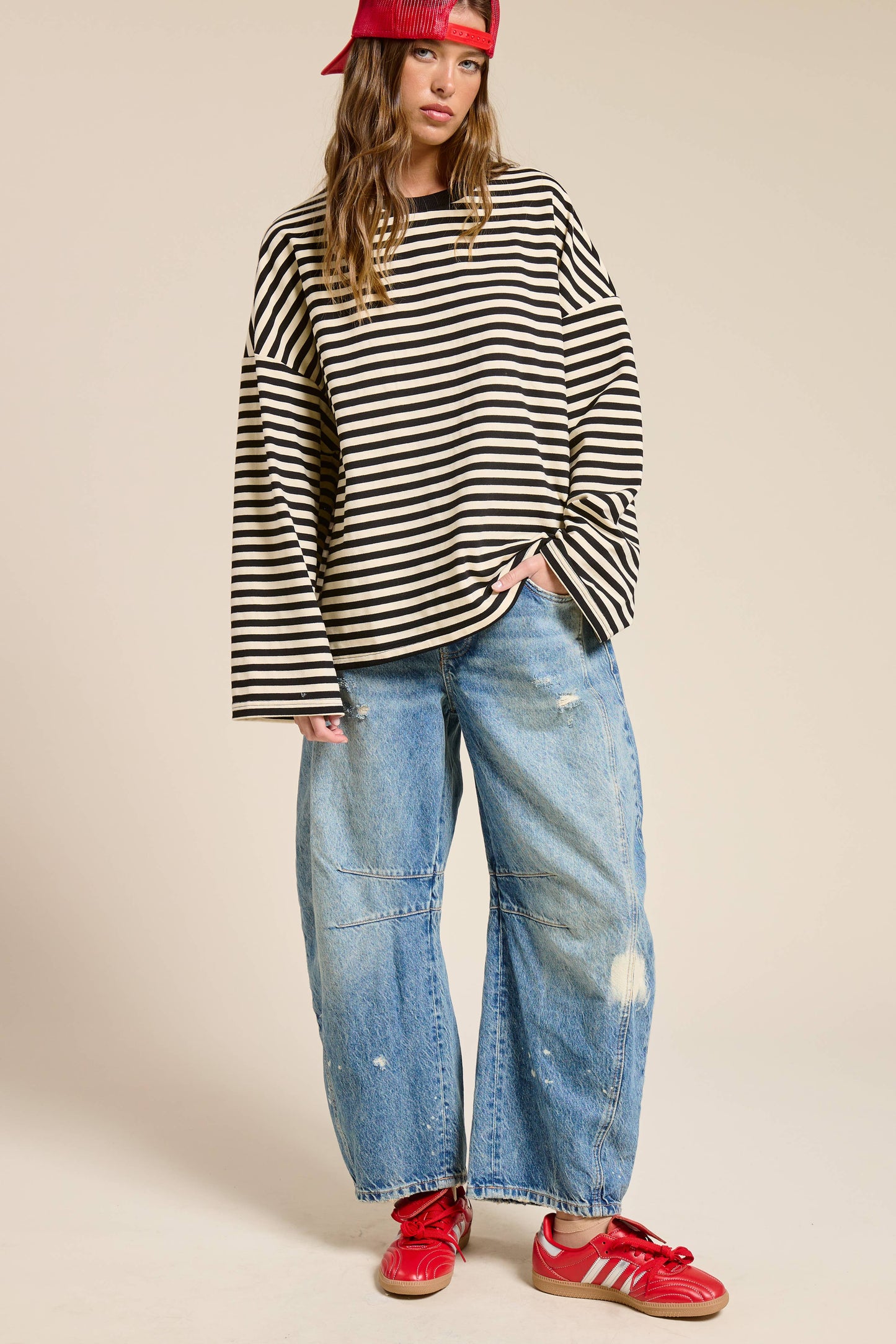 Striped Terry Oversized Long Sleeve Top: Black