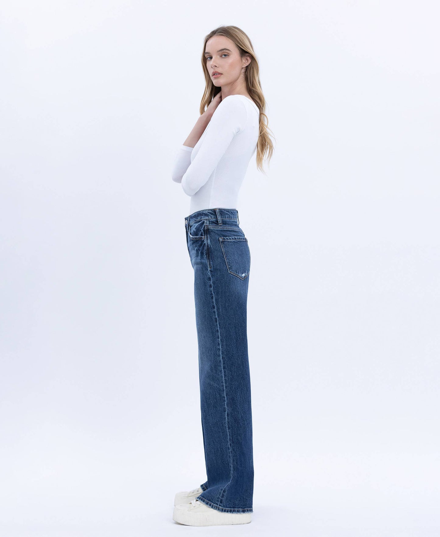 90'S SUPER HIGH RISE DARK WASH WIDE JEANS T6242DK: DARK WASH