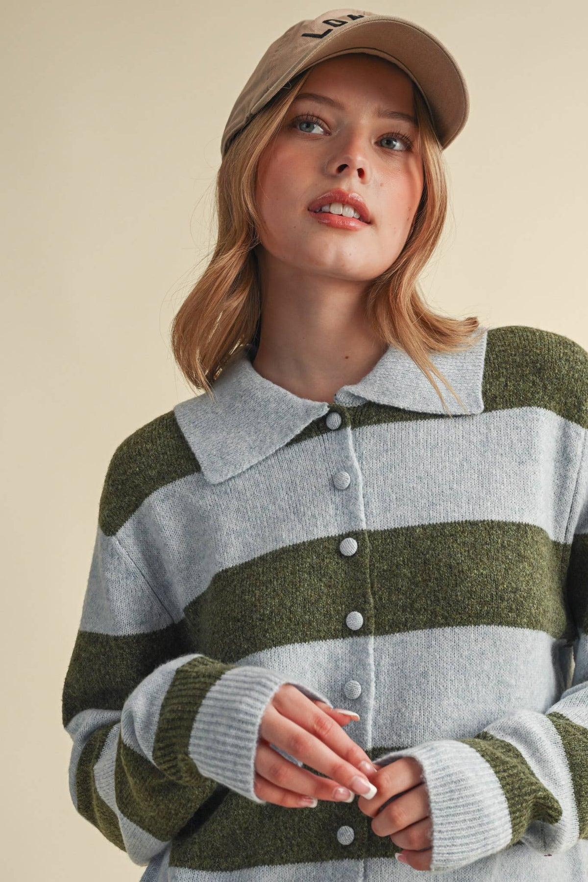 STRIPED SWEATER CARDIGAN: POWDER BLUE OLIVE