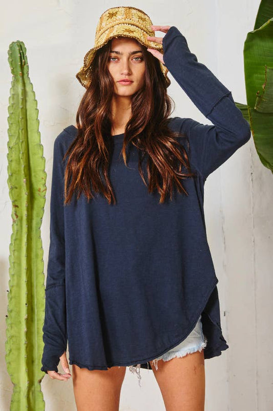 Long Sleeves Tunic Top: NAVY