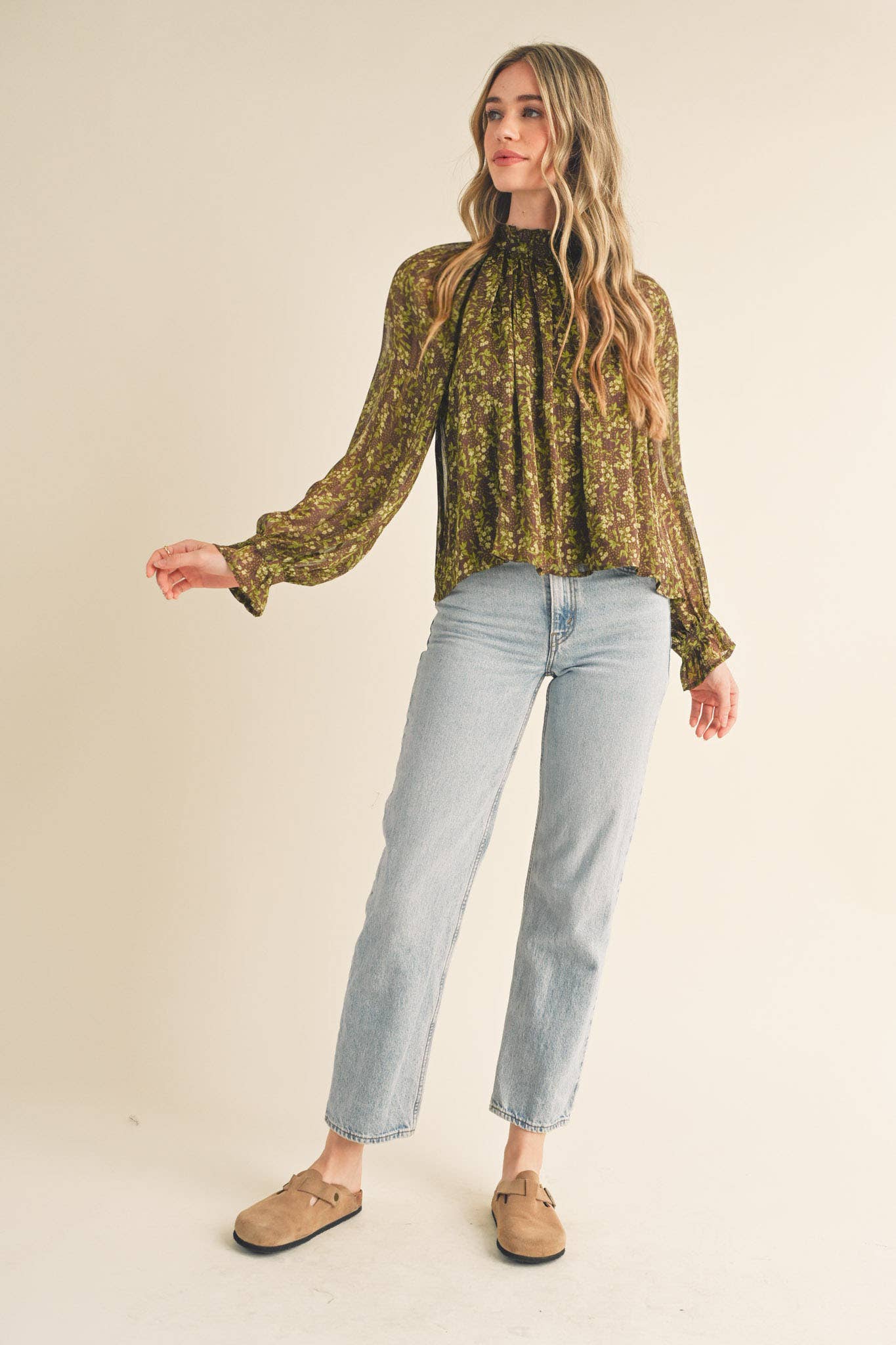 FLORAL LUREX BALLOON SLEEVE TOP: BROWN SAGE LIME