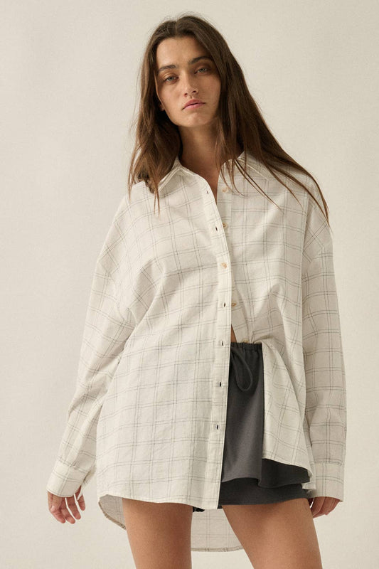 Windowpane Check Plaid Oversize Long-Sleeve Button-Up Shirt: Off White