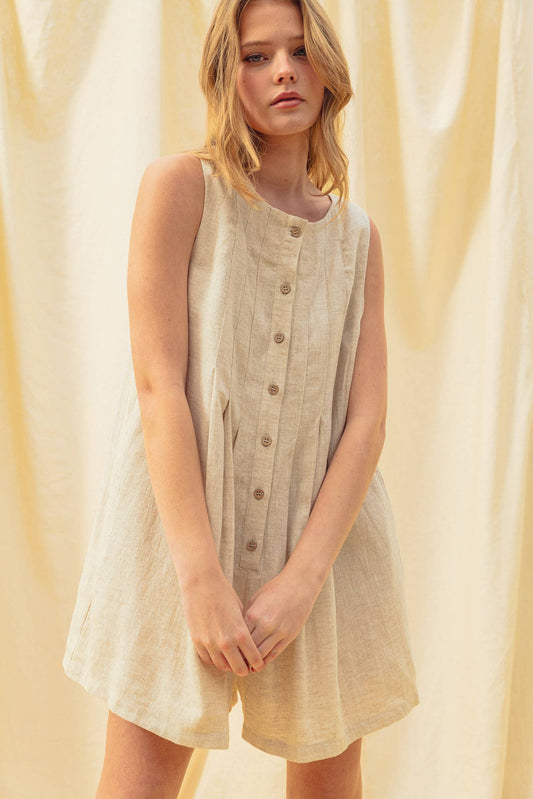 PLEATED ROMPER: OATMEAL