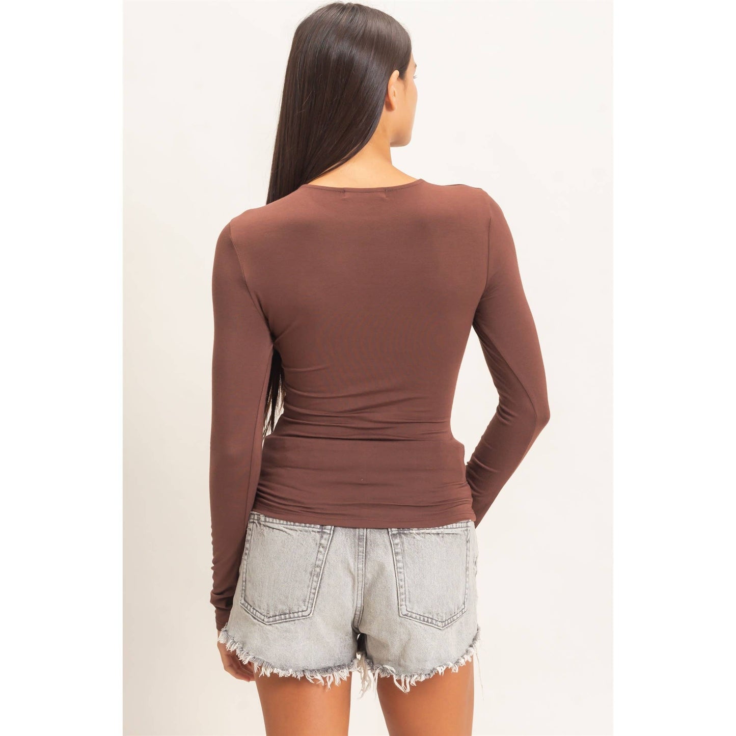 Crew Neck Long Sleeve Top: DARK BROWN