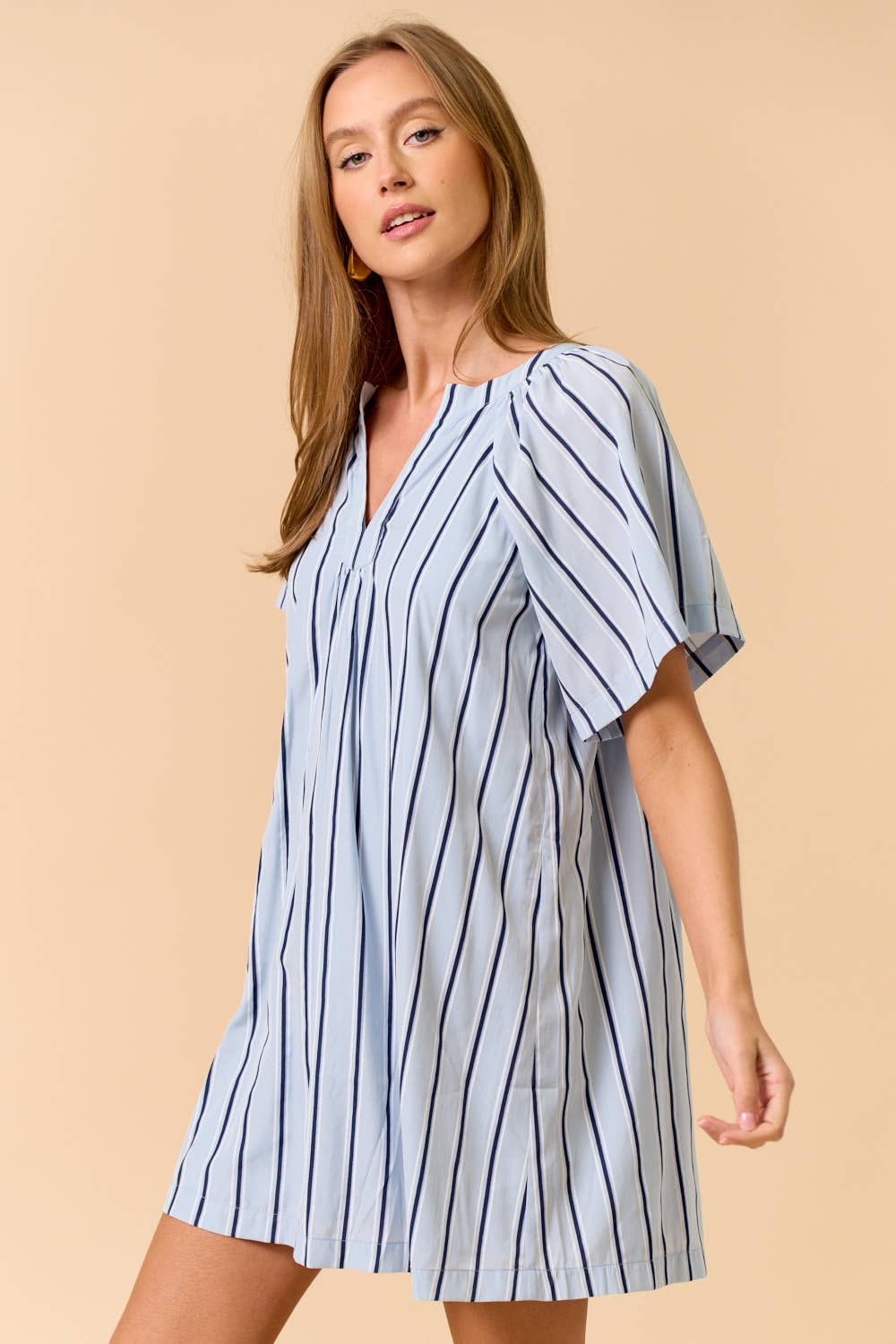 Striped Deep V-Neckline Mini Dress: LT BLUE