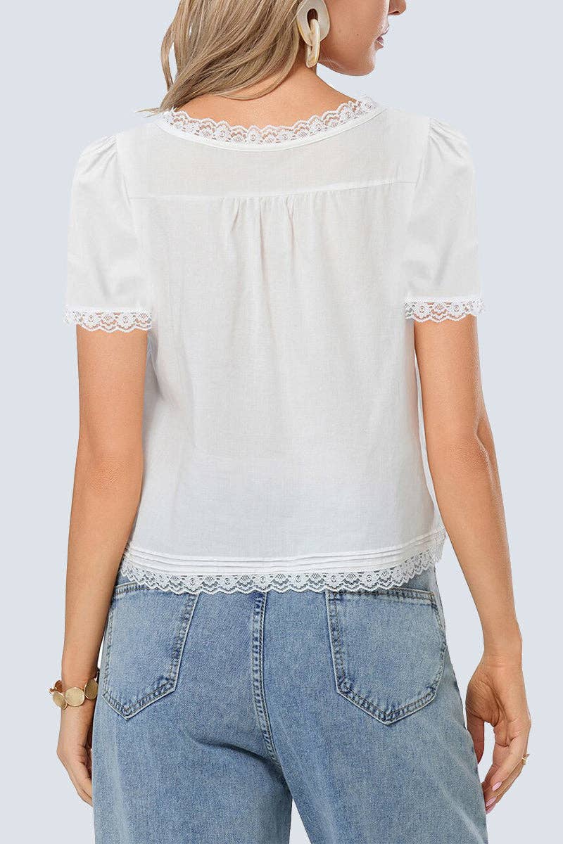 Lace-Trim Button-Down: WHITE