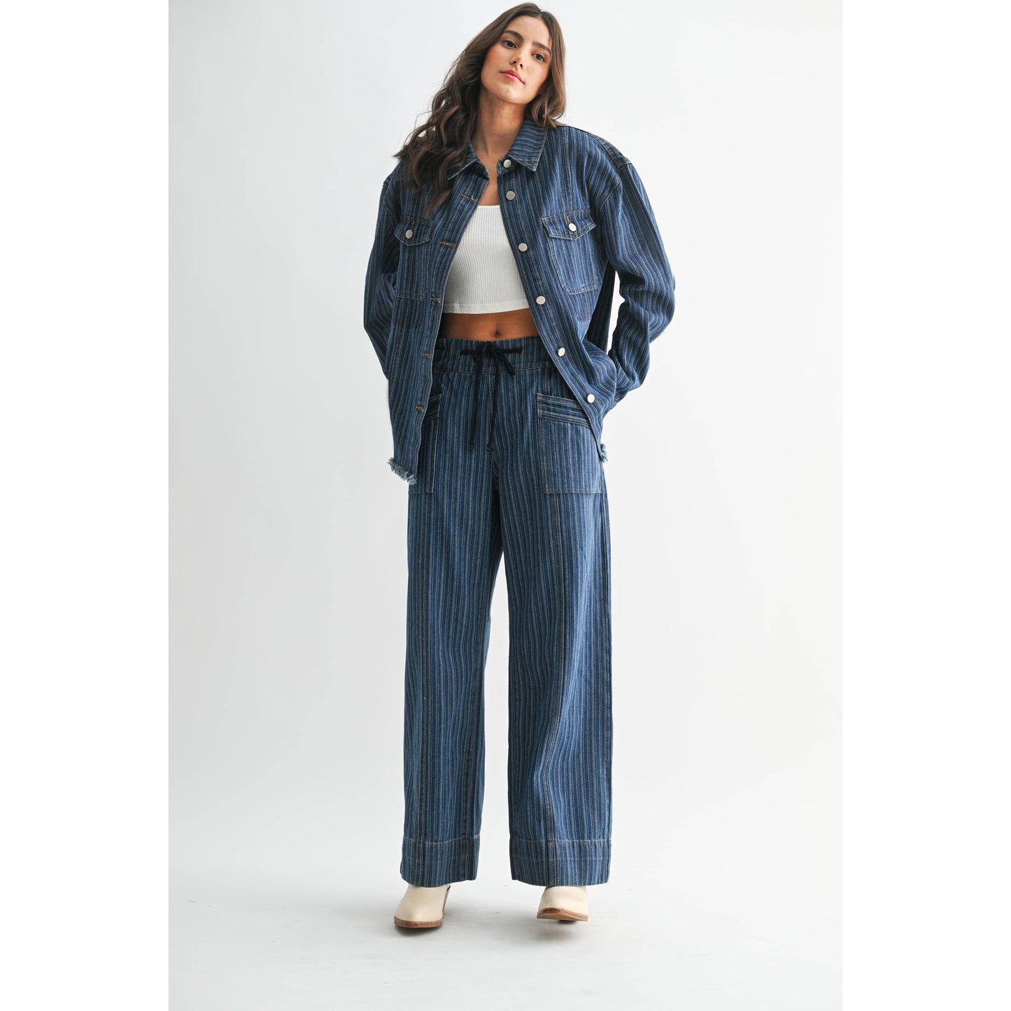 STYLISH STRIPED DENIM JACKET: DARK DENIM