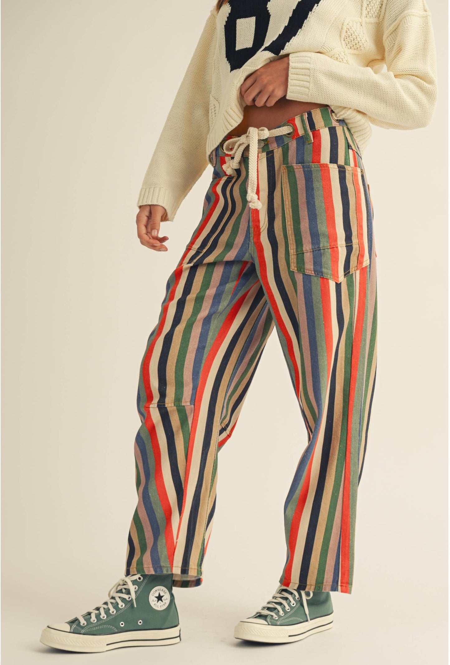 Washed Multi Stripes Rope String Relaxed Fit Pant