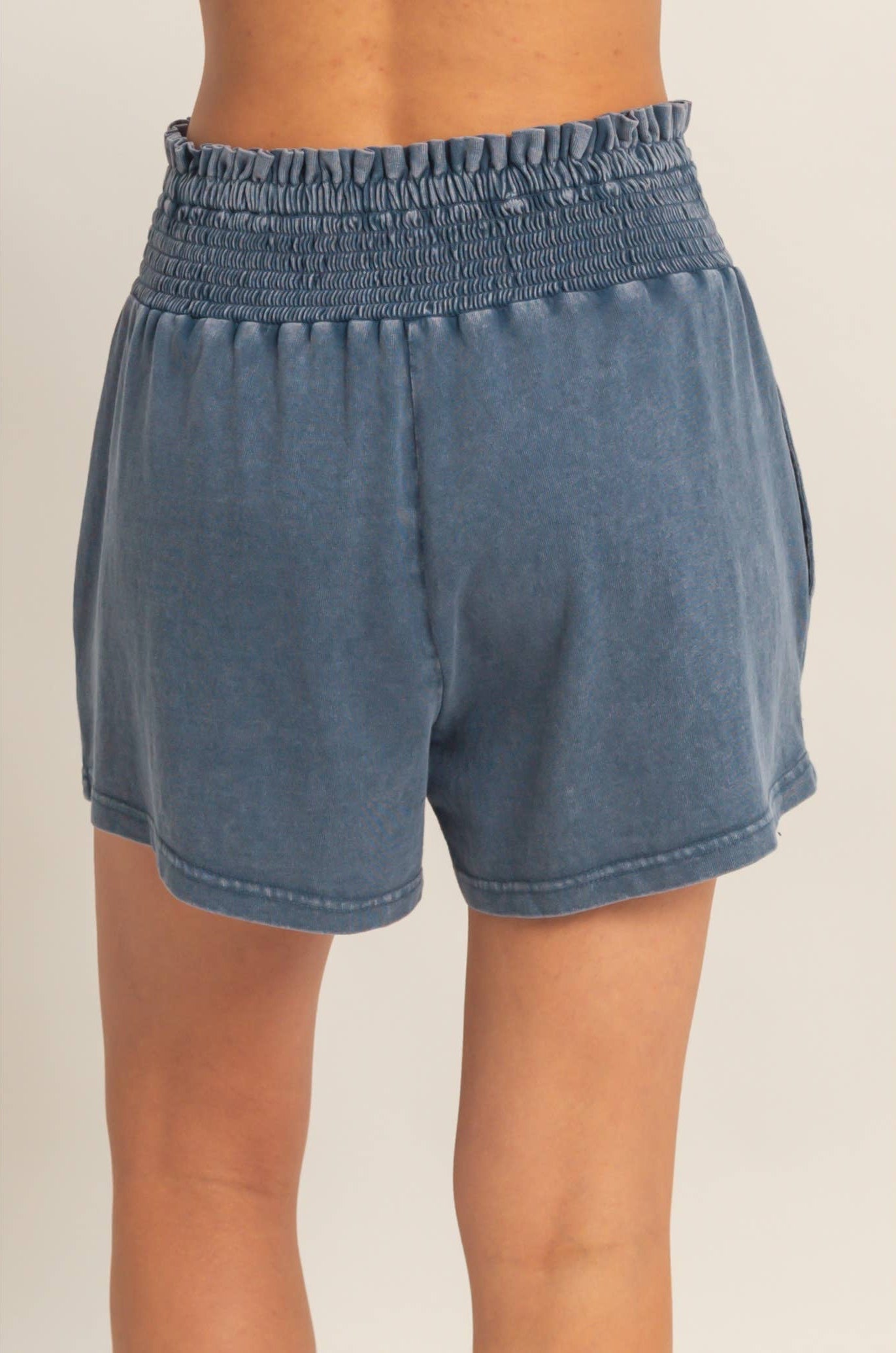 Smocked Waist Mineral Wash Shorts: NAVY