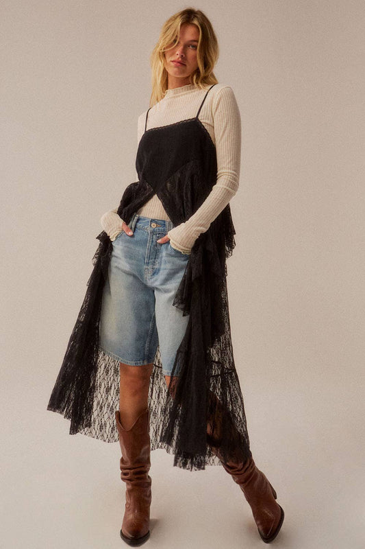 Ruffled Lace Flyaway Maxi Cami Top: Black