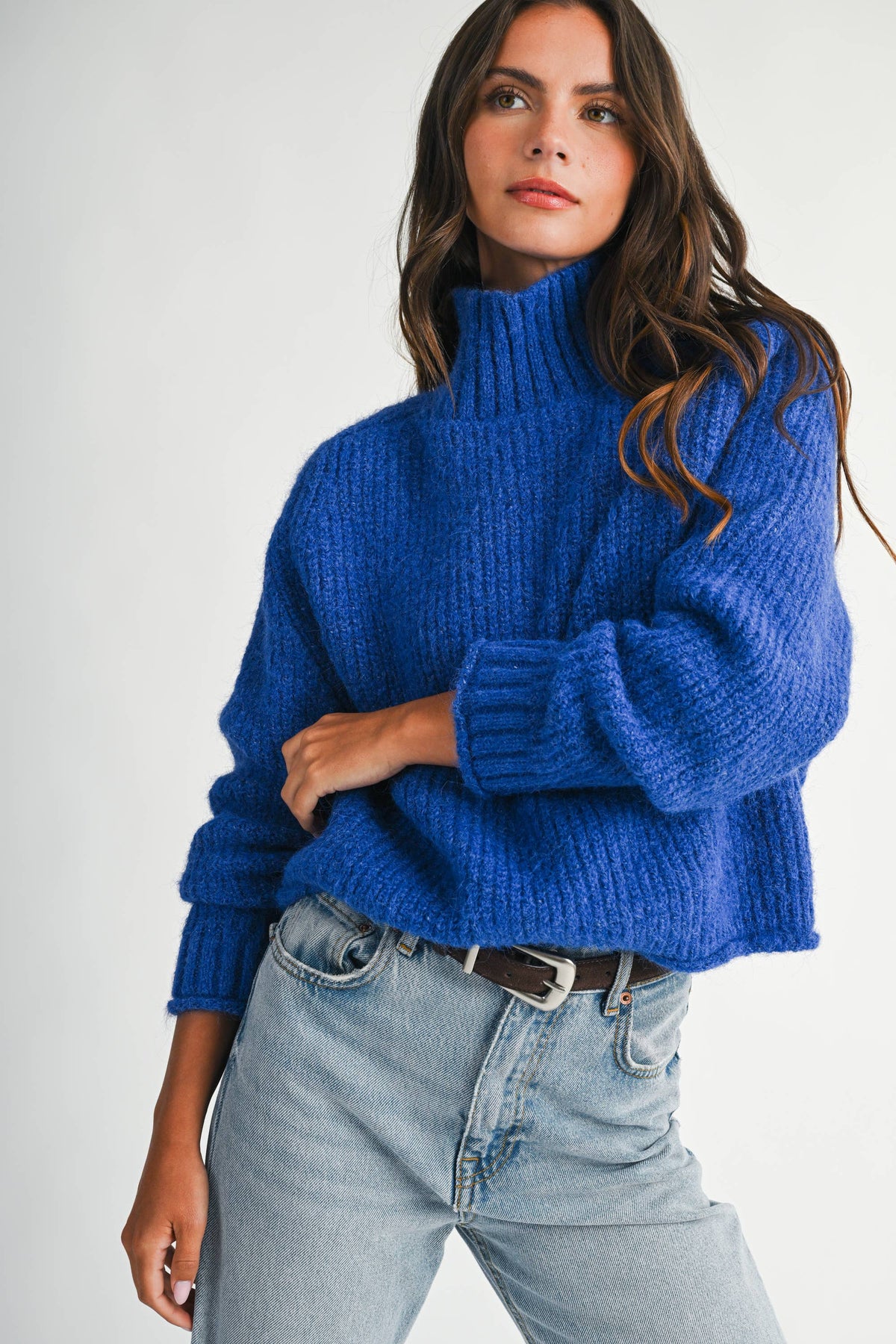 Soft Brushed Mock Neck Sweater: Cobalt