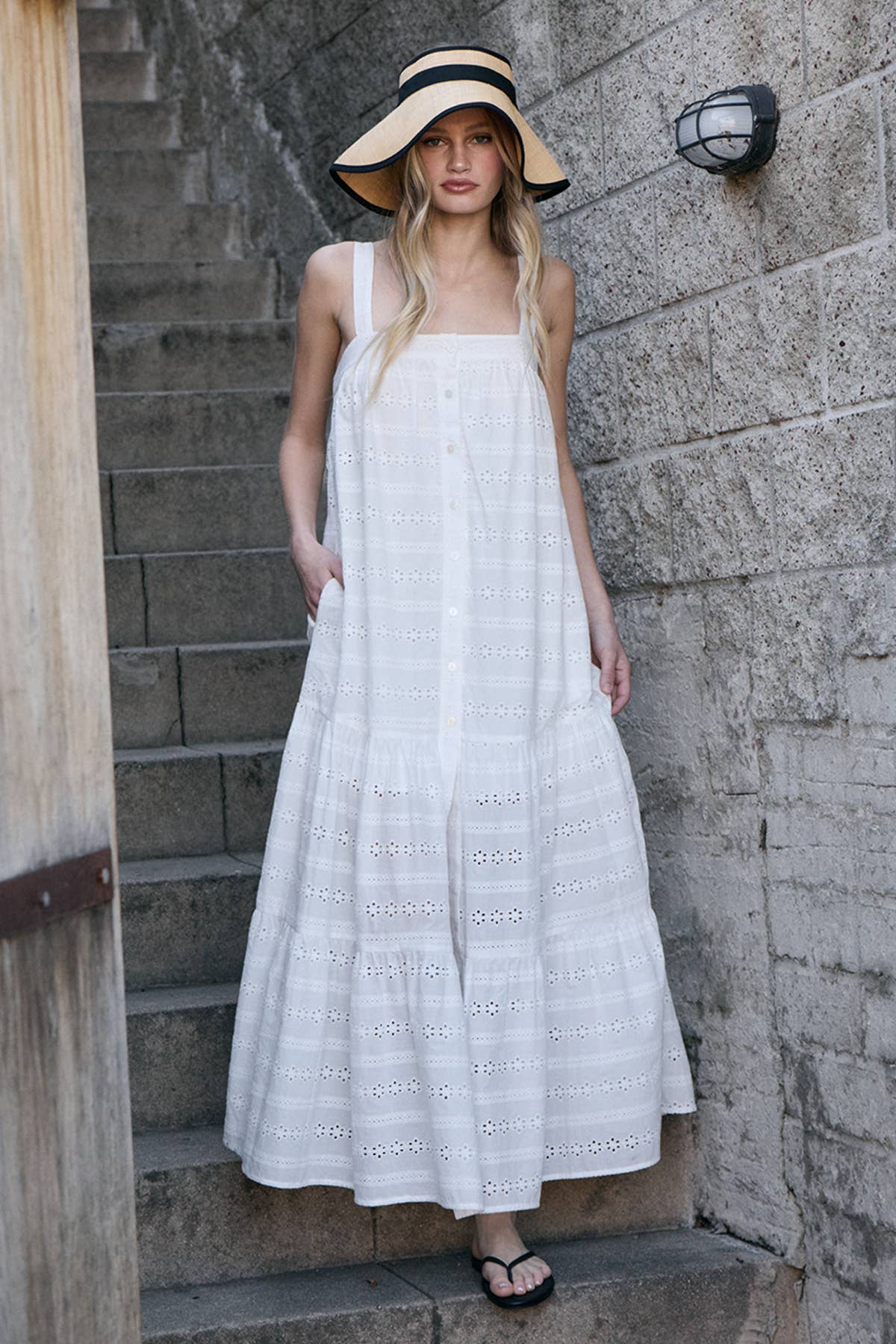 Eyelet Tiered Button Front Maxi Dress: WHITE