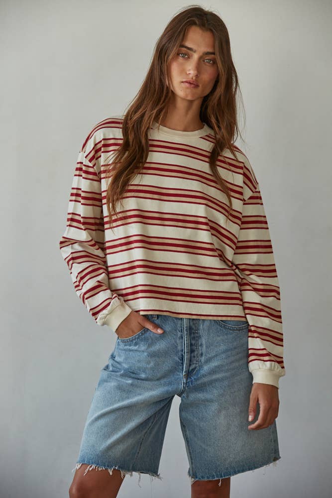 Knit Cotton Stripe Crew Neck: Taupe Red