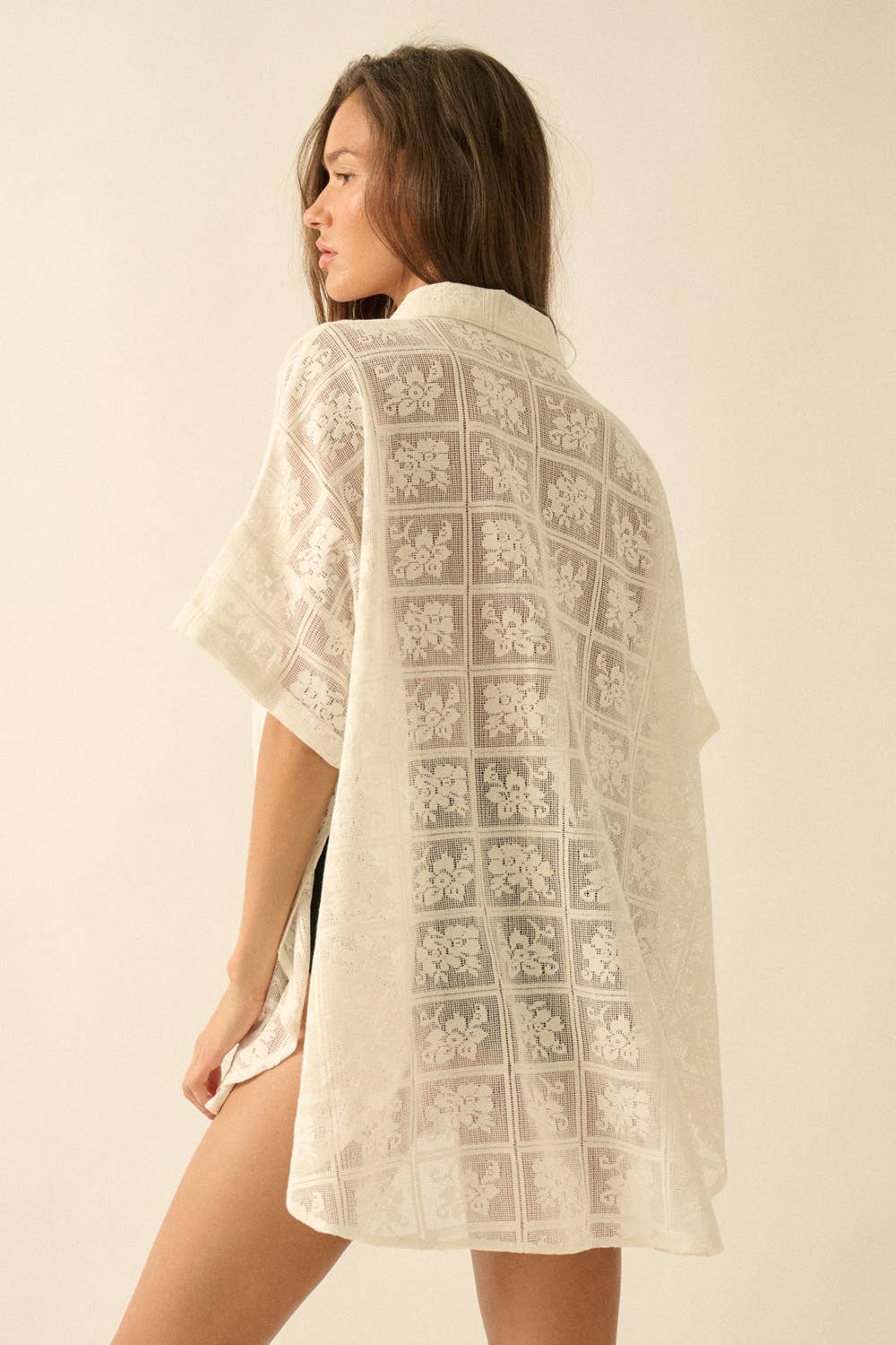 Sheer Floral Lace Oversized Button-Up: Cream