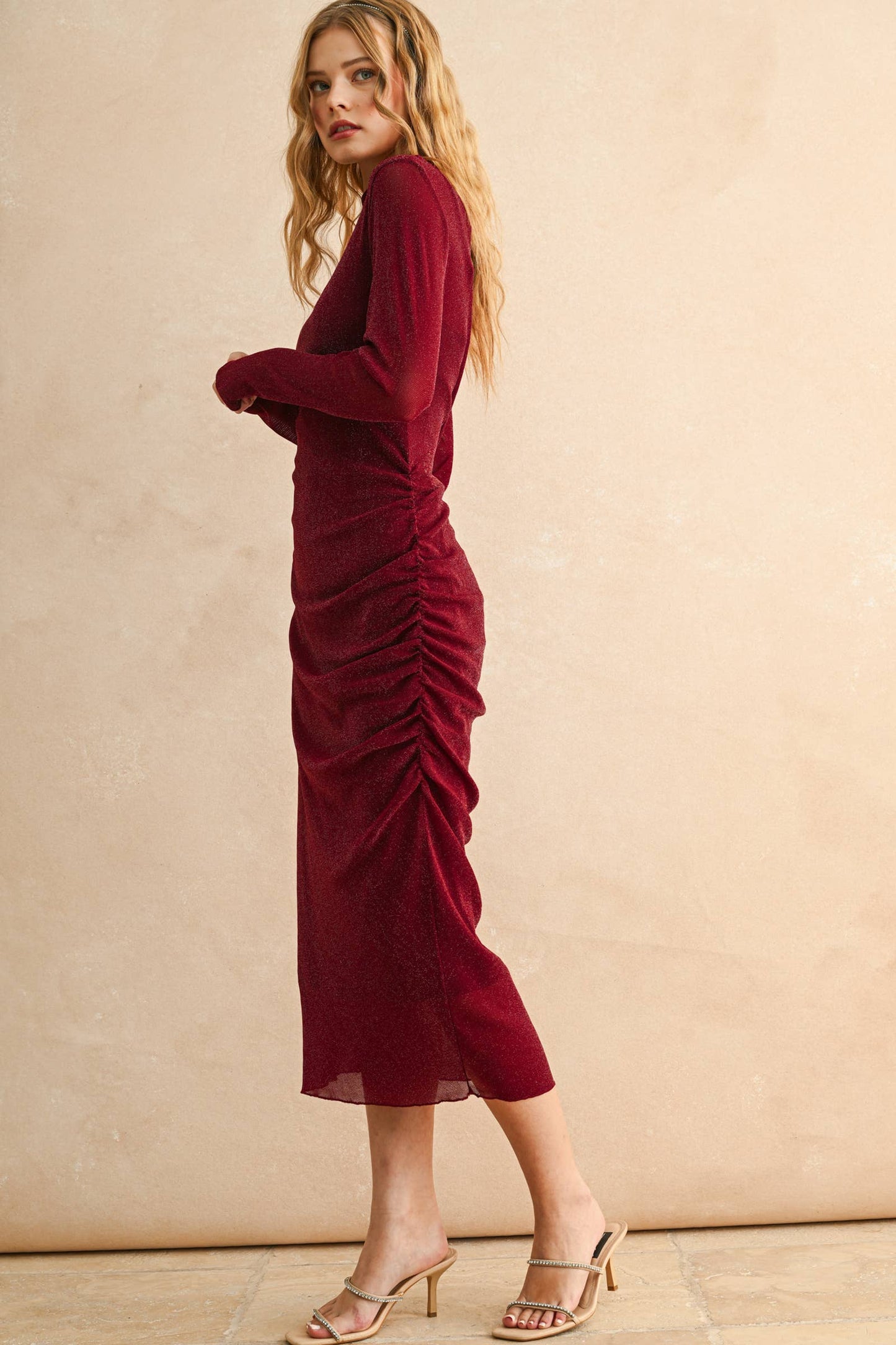 MESH DRAPED DRESS: ESPRESSO