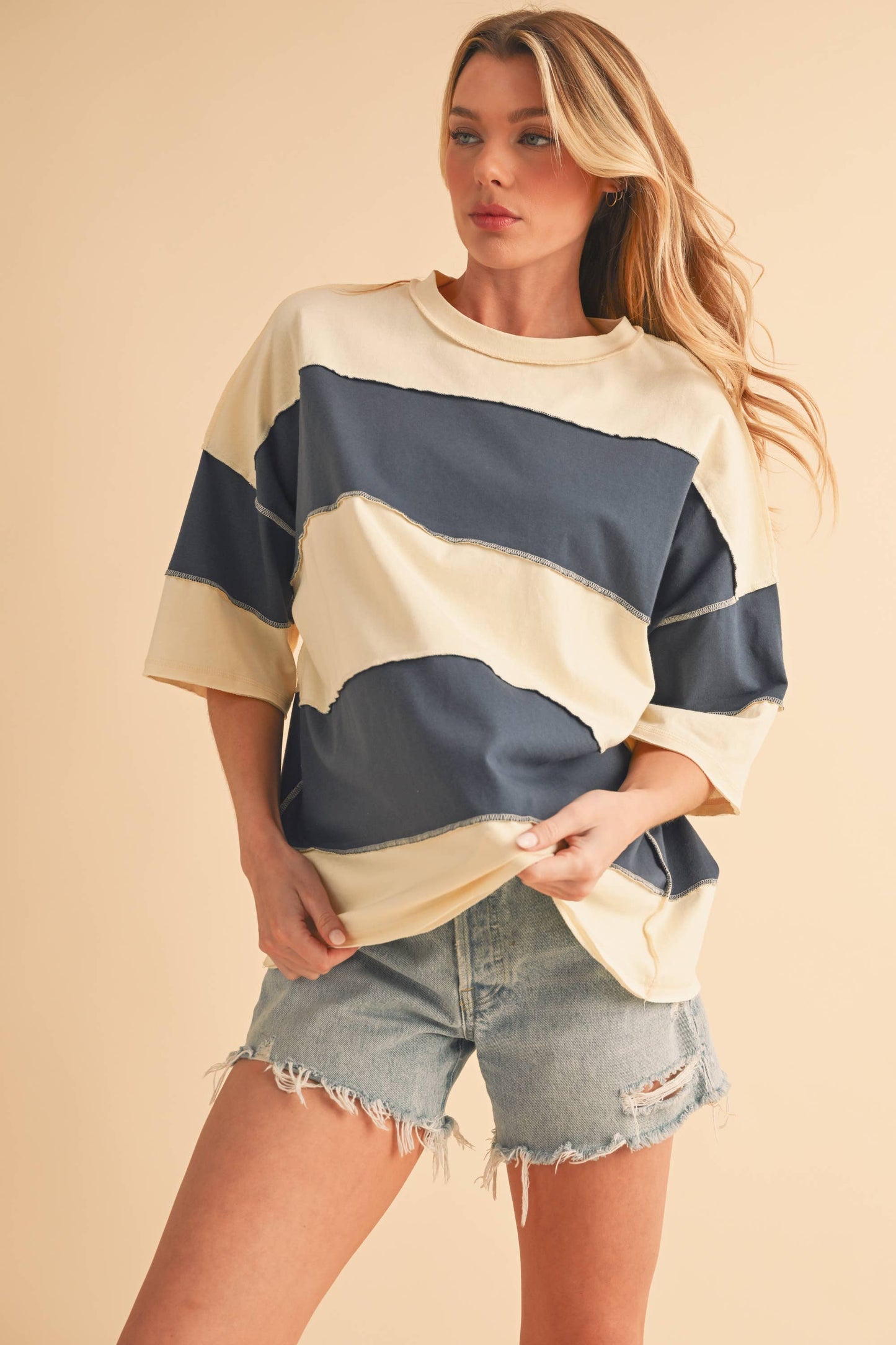Polly Color Block Top: Navy